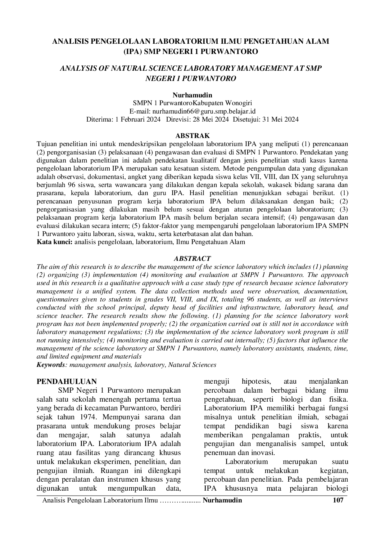 JURIS Analisis Pengelolaan Laboratorium Ilmu Pengetahuan Alam IPA SMP Negeri 1 Purwantoro