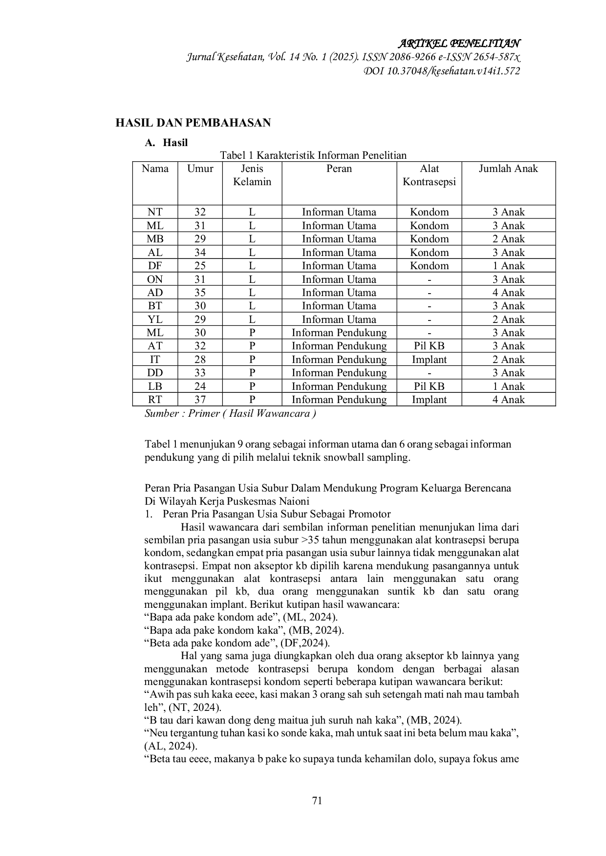 JURIS Peran Pria Pasangan Usia Subur Dalam Mendukung Program Keluarga Berencana Di Wilayah Keraja Puskesmas Naioni