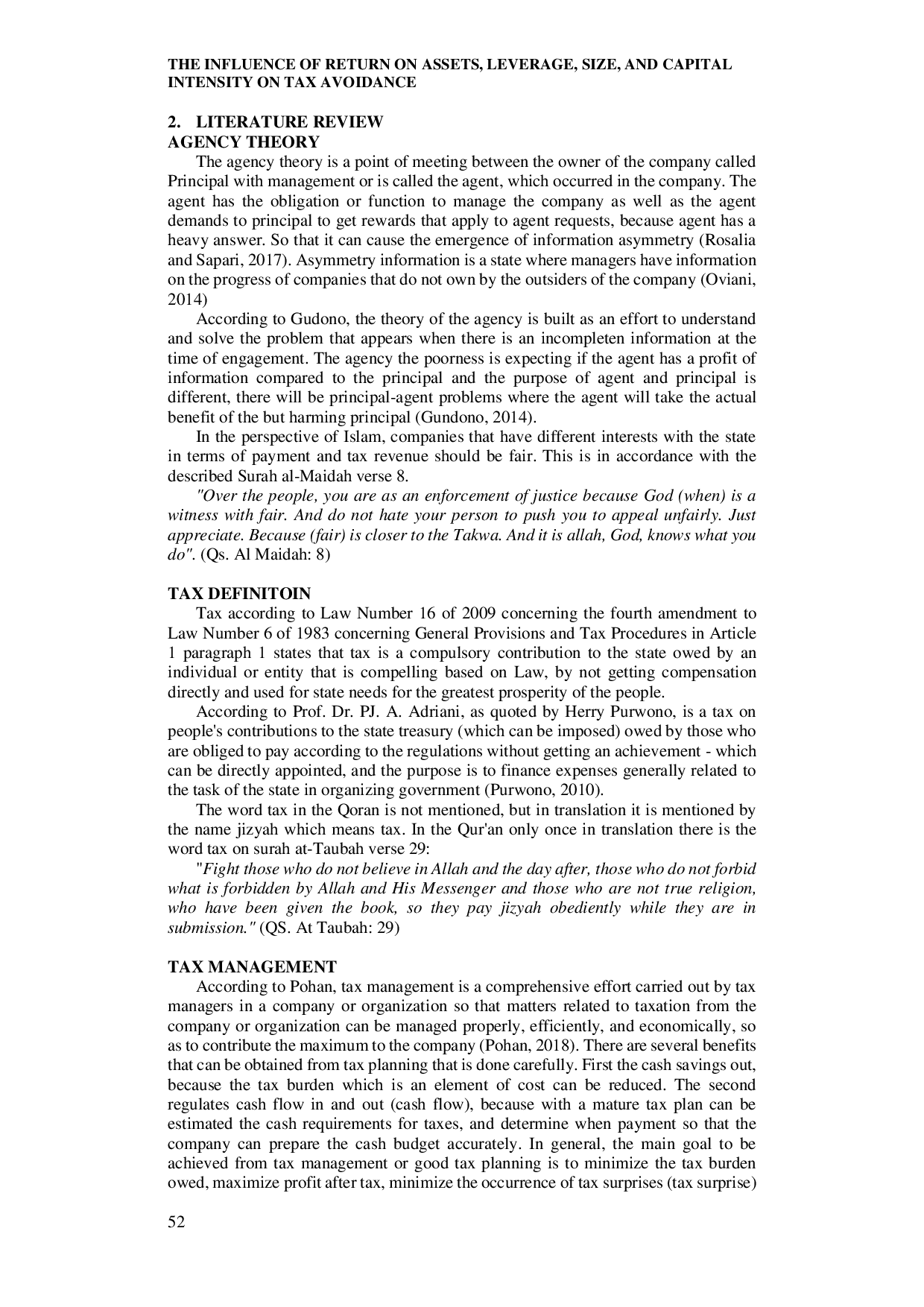 JURIS Pengaruh Return On Assets Leverage Size Dan Capital Intensity Terhadap Tax Avoidance