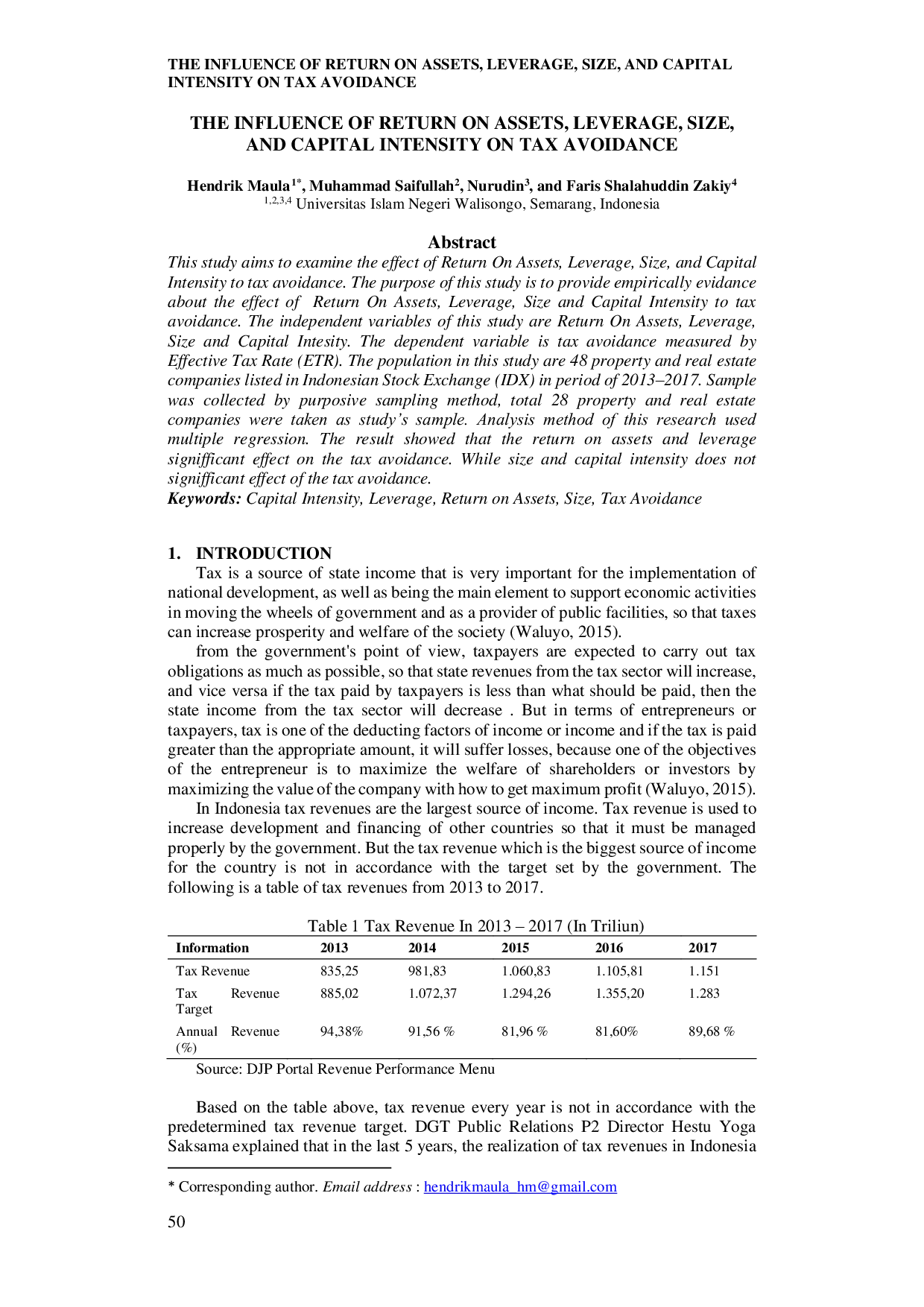 JURIS Pengaruh Return On Assets Leverage Size Dan Capital Intensity Terhadap Tax Avoidance