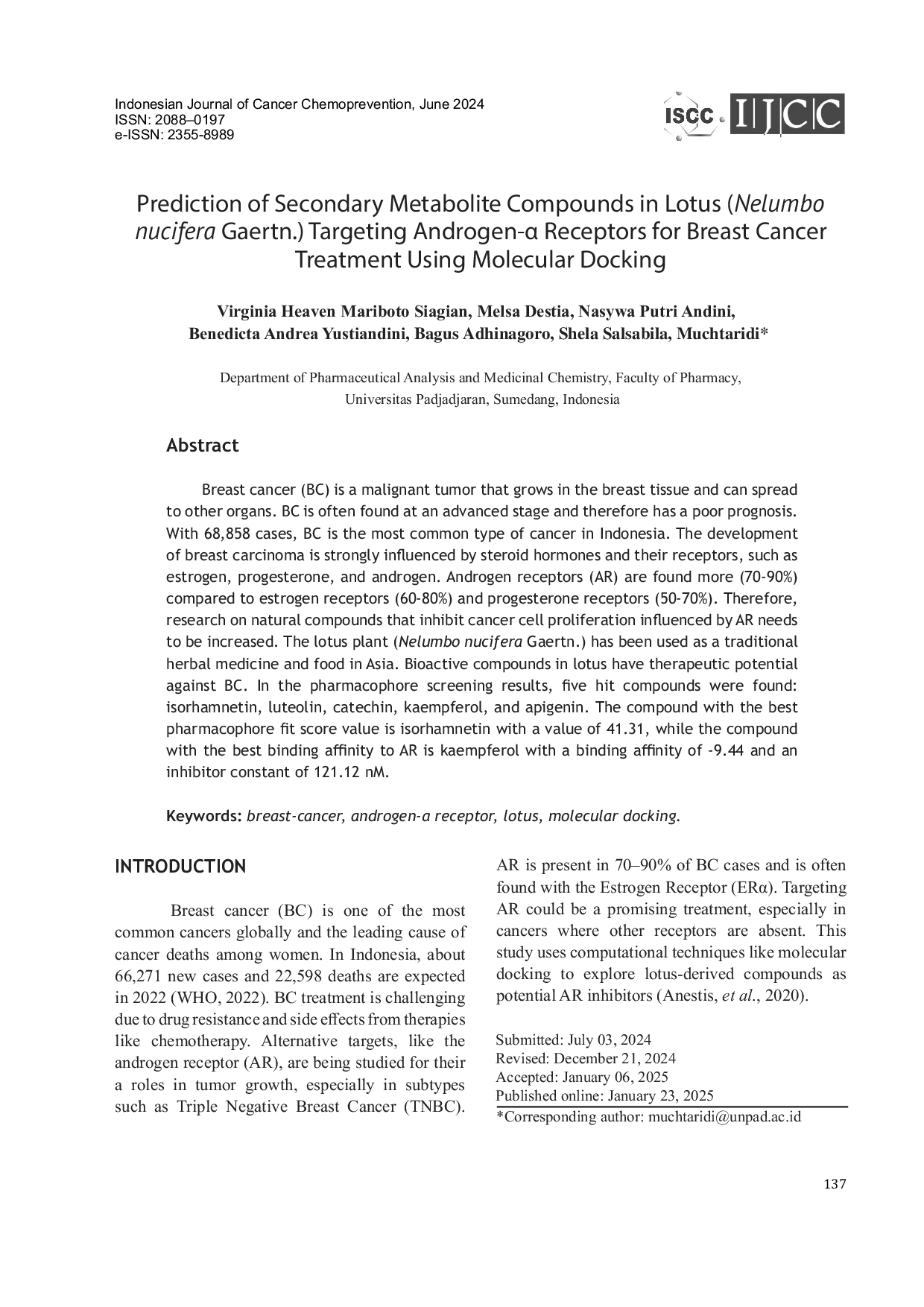 JURIS Prediction of Secondary Metabolite Compounds in Lotus Nelumbo Nucifera Gaertn Targeting Androgen Receptors for Breast Cancer Treatment Using Molecular Docking