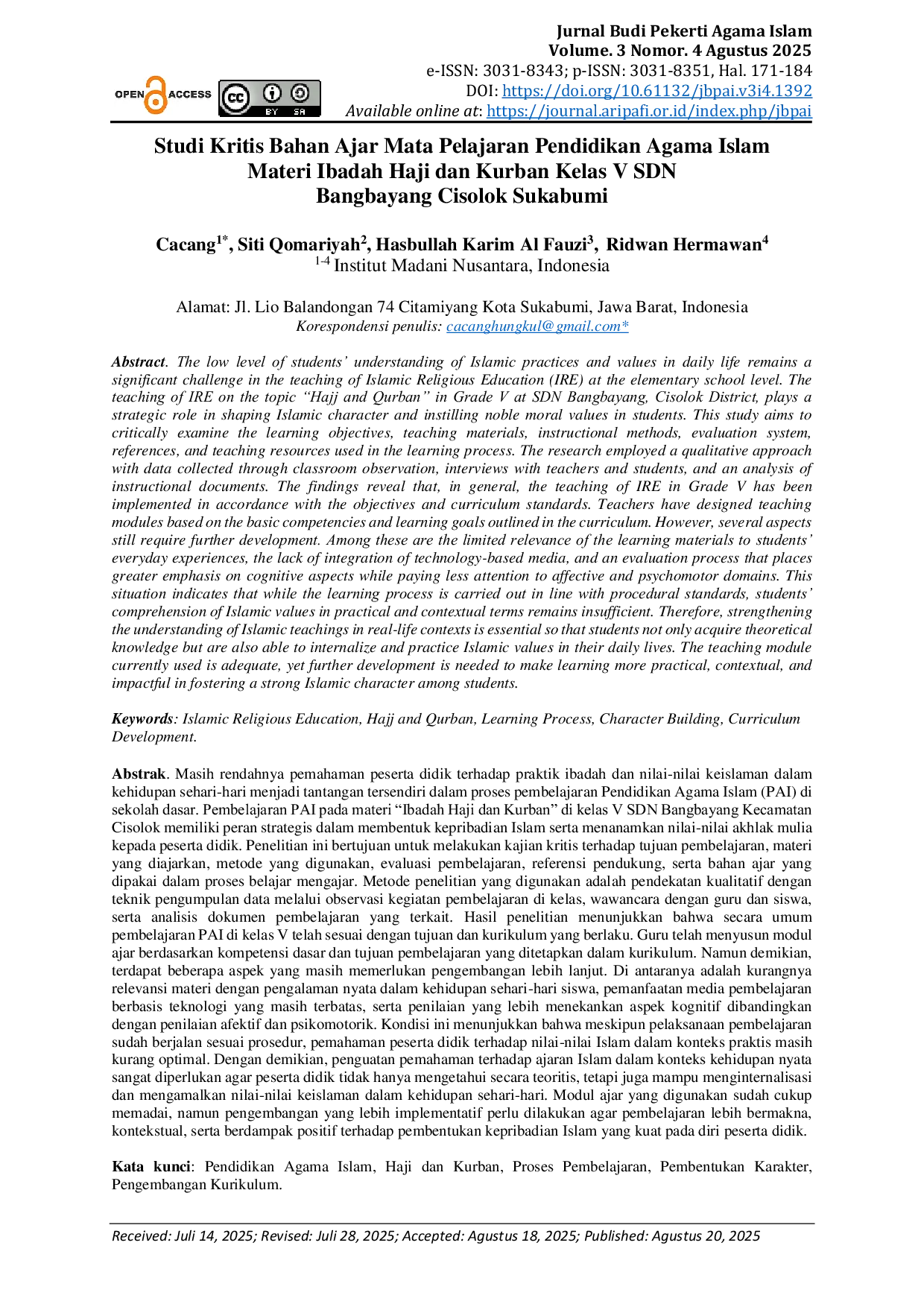JURIS Studi Kritis Bahan Ajar Mata Pelajaran Pendidikan Agama Islam Materi Ibadah Haji dan Kurban Kelas V SDN Bangbayang Cisolok Sukabumi