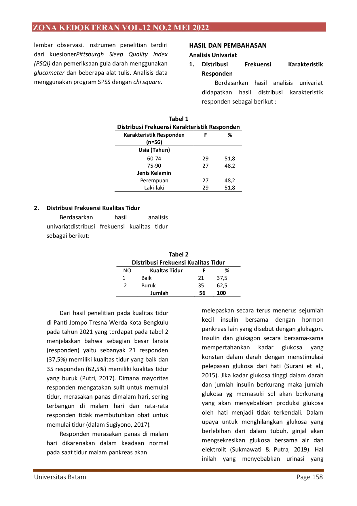 JURIS Hubungan Kualitas Tidur dengan Kadar Gula Darah Sewaktu Pada Lansia dI Panti Jompo Tresna Werda Kota Bengkulu