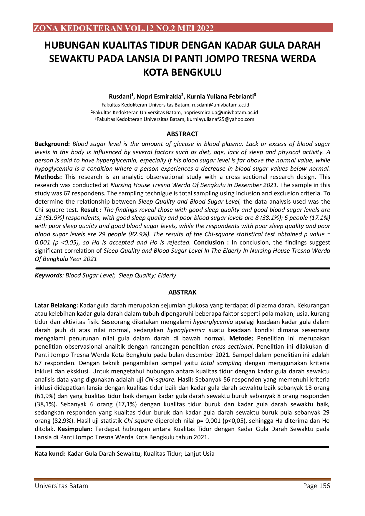 JURIS Hubungan Kualitas Tidur dengan Kadar Gula Darah Sewaktu Pada Lansia dI Panti Jompo Tresna Werda Kota Bengkulu