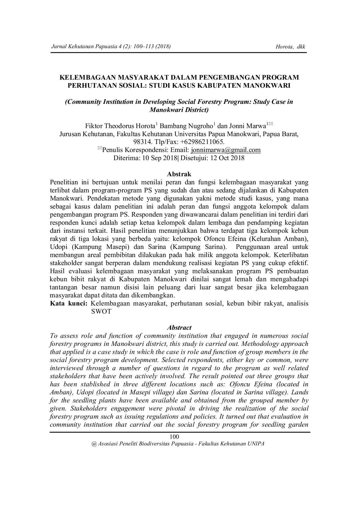 JURIS Kelembagaan Masyarakat Dalam Pengembangan Program Perhutanan Sosial Studi Kasus Kabupaten Manokwari