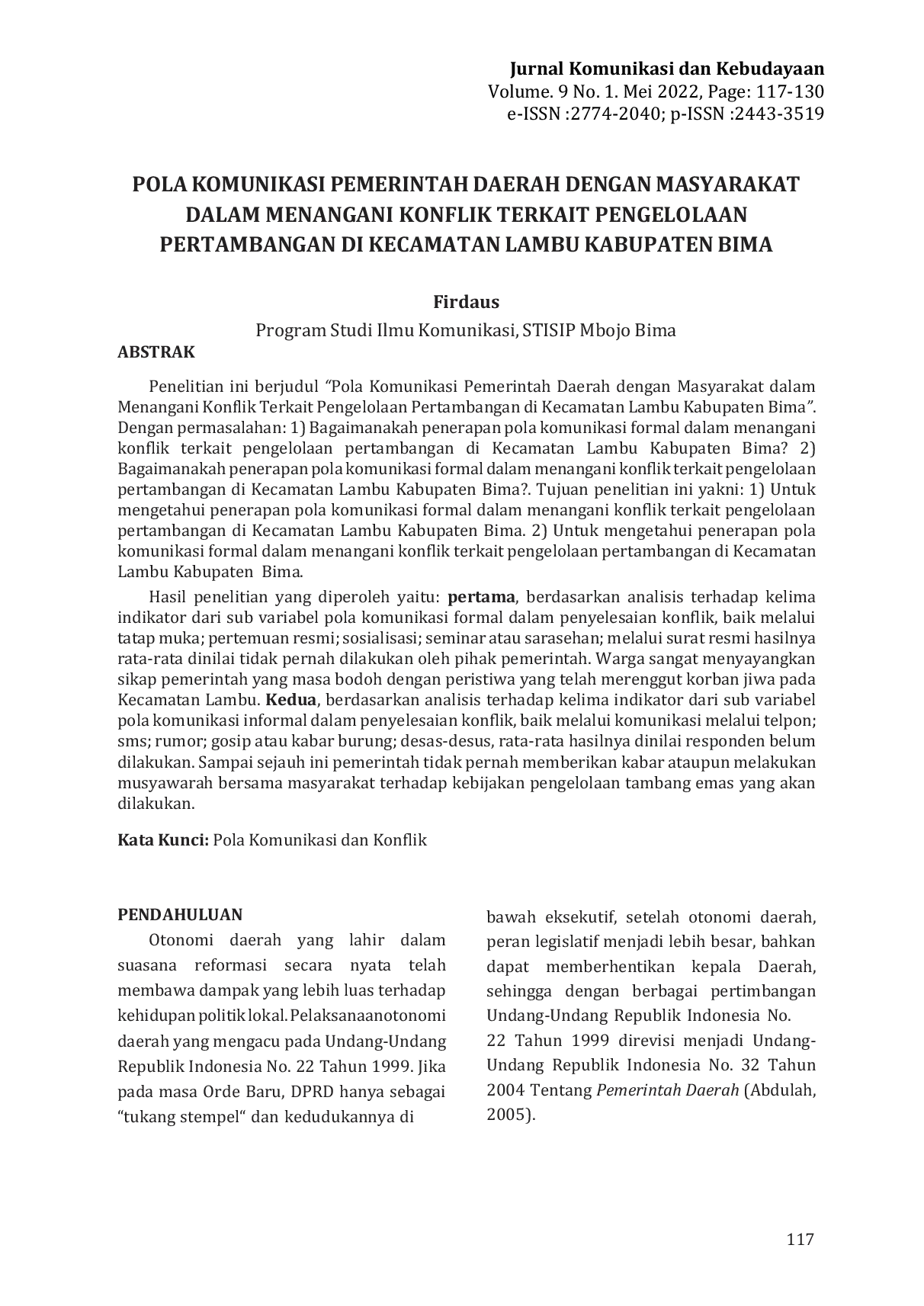 JURIS Pola Komunikasi Pemerintah Daerah Dengan Masyarakat Dalam Menangani Konflik Terkait Pengelolaan Pertambangan Di Kecamatan Lambu Kabupaten Bima