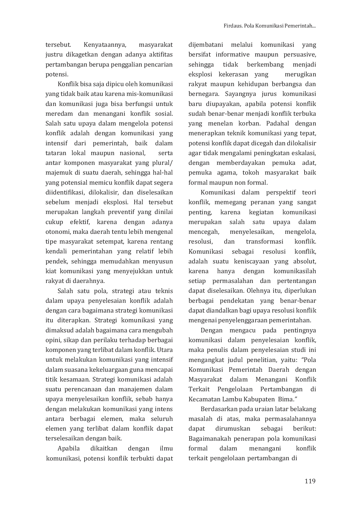 JURIS Pola Komunikasi Pemerintah Daerah Dengan Masyarakat Dalam Menangani Konflik Terkait Pengelolaan Pertambangan Di Kecamatan Lambu Kabupaten Bima