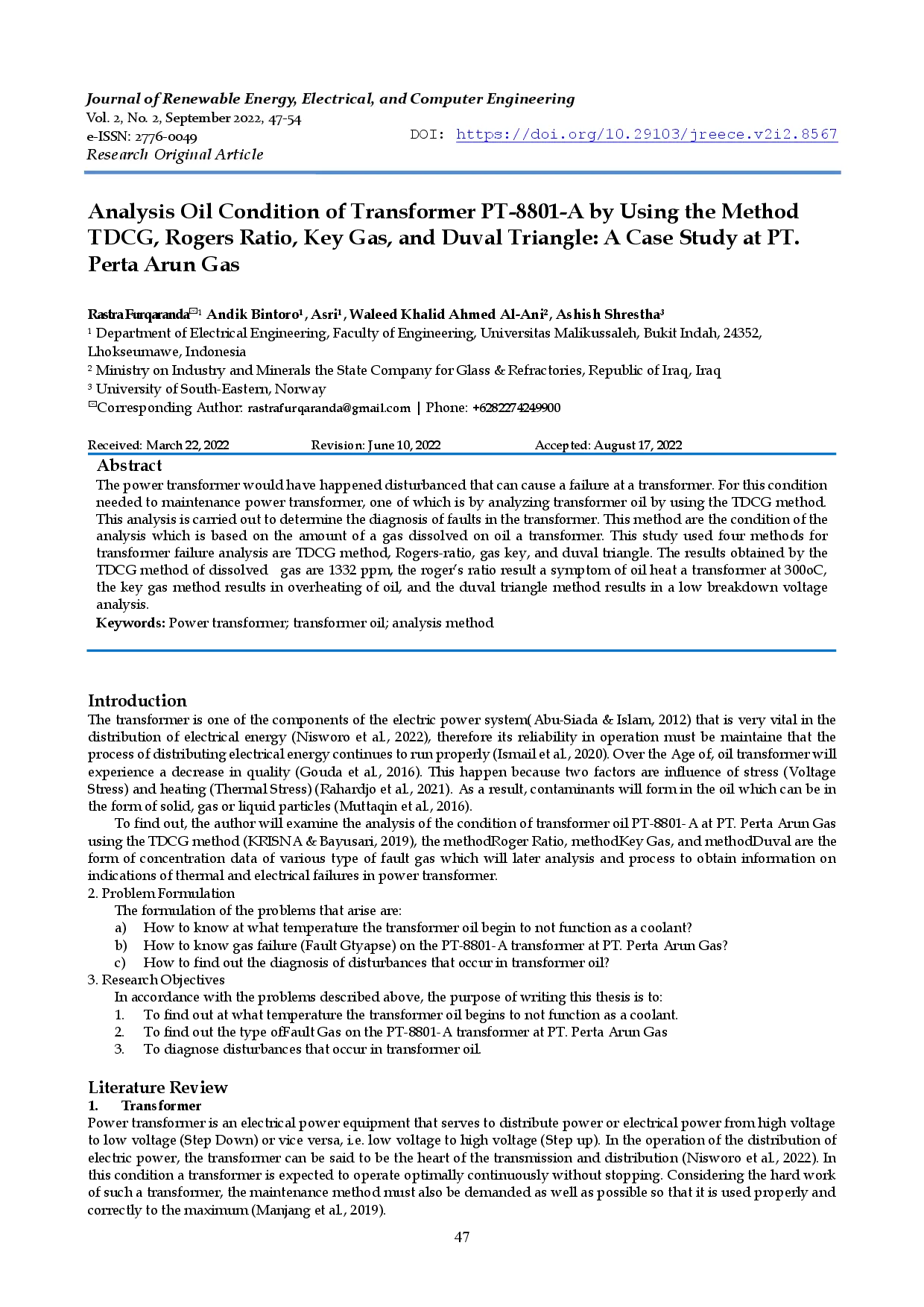 juris Analysis Oil Condition of Transformer PT 8801 A by Using the Method TDCG Rogers Ratio Key Gas and Duval Triangle A Case Study at PT Perta Arun Gas