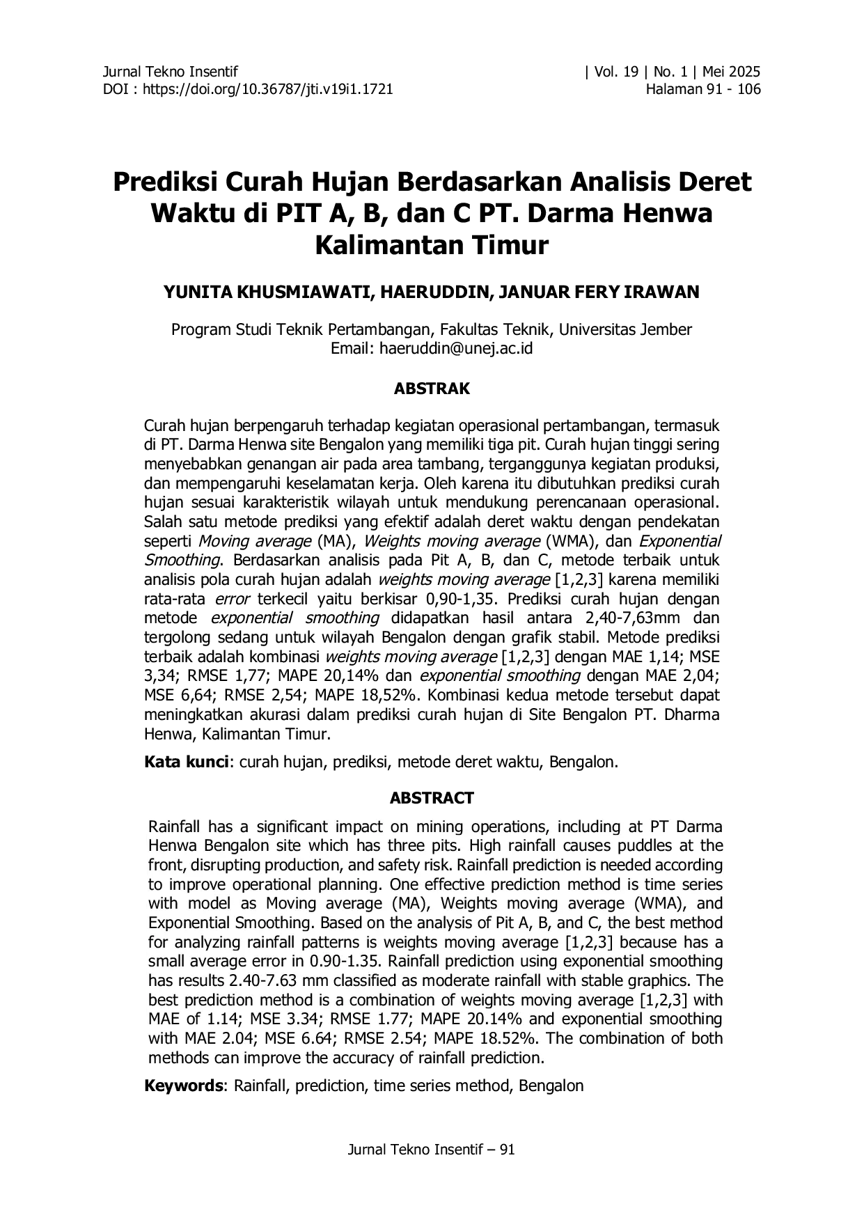 JURIS Prediksi Curah Hujan Berdasarkan Analisis Deret Waktu di PIT A B dan C PT Darma Henwa Kalimantan Timur