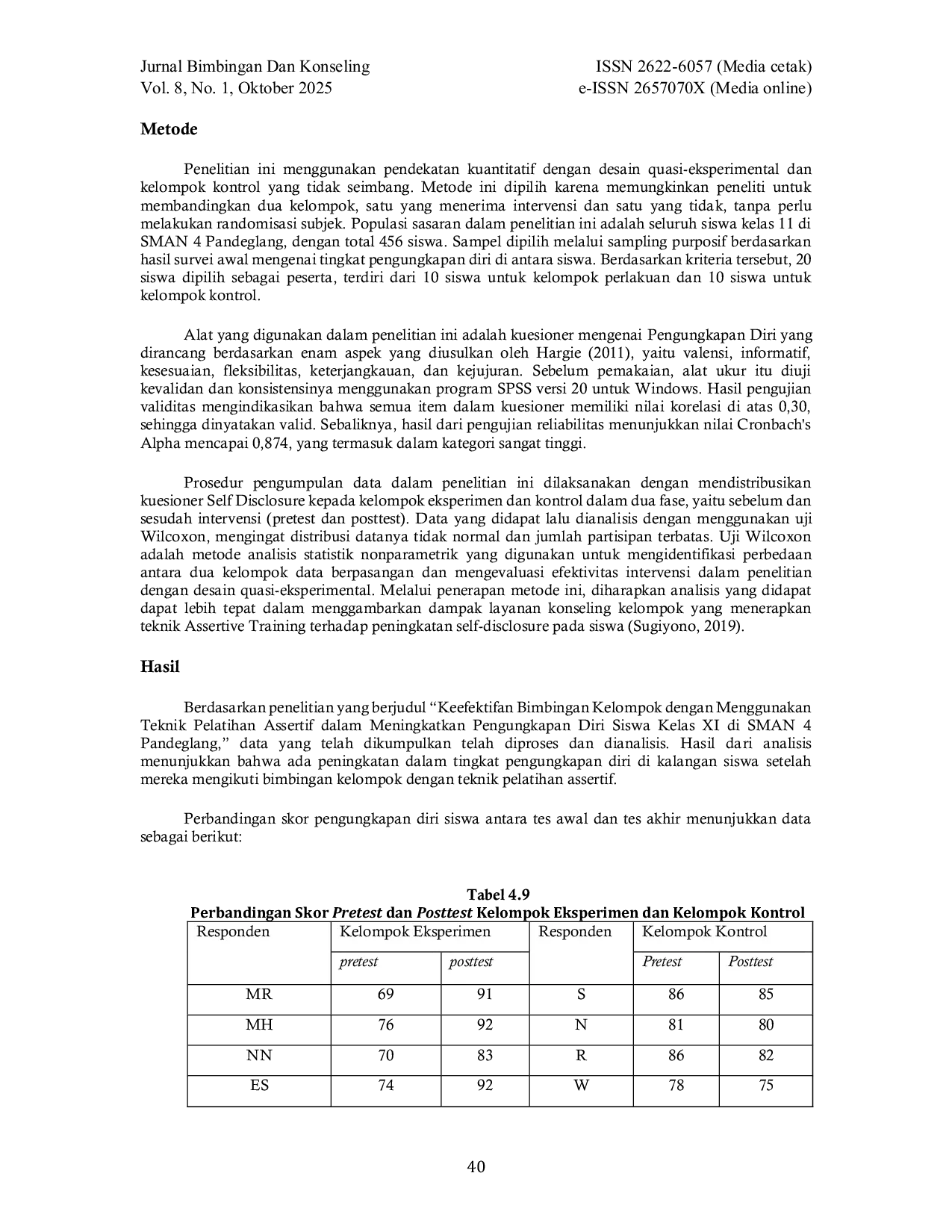 JURIS Efektivitas Bimbingan Kelompok dengan Teknik Assertive Training dalam Meningkatkan Self Disclosure Siswa Kelas XI SMAN 4 Pandeglang