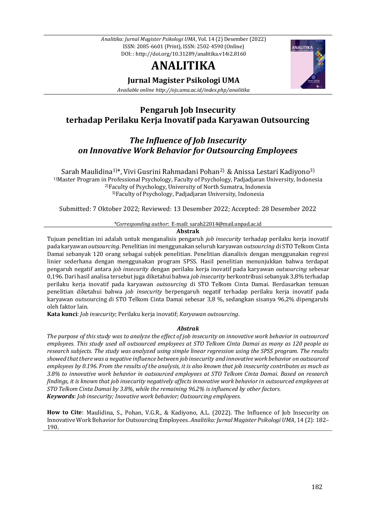 JURIS The Influence of Job Insecurity on Innovative Work Behavior for Outsourcing Employees
