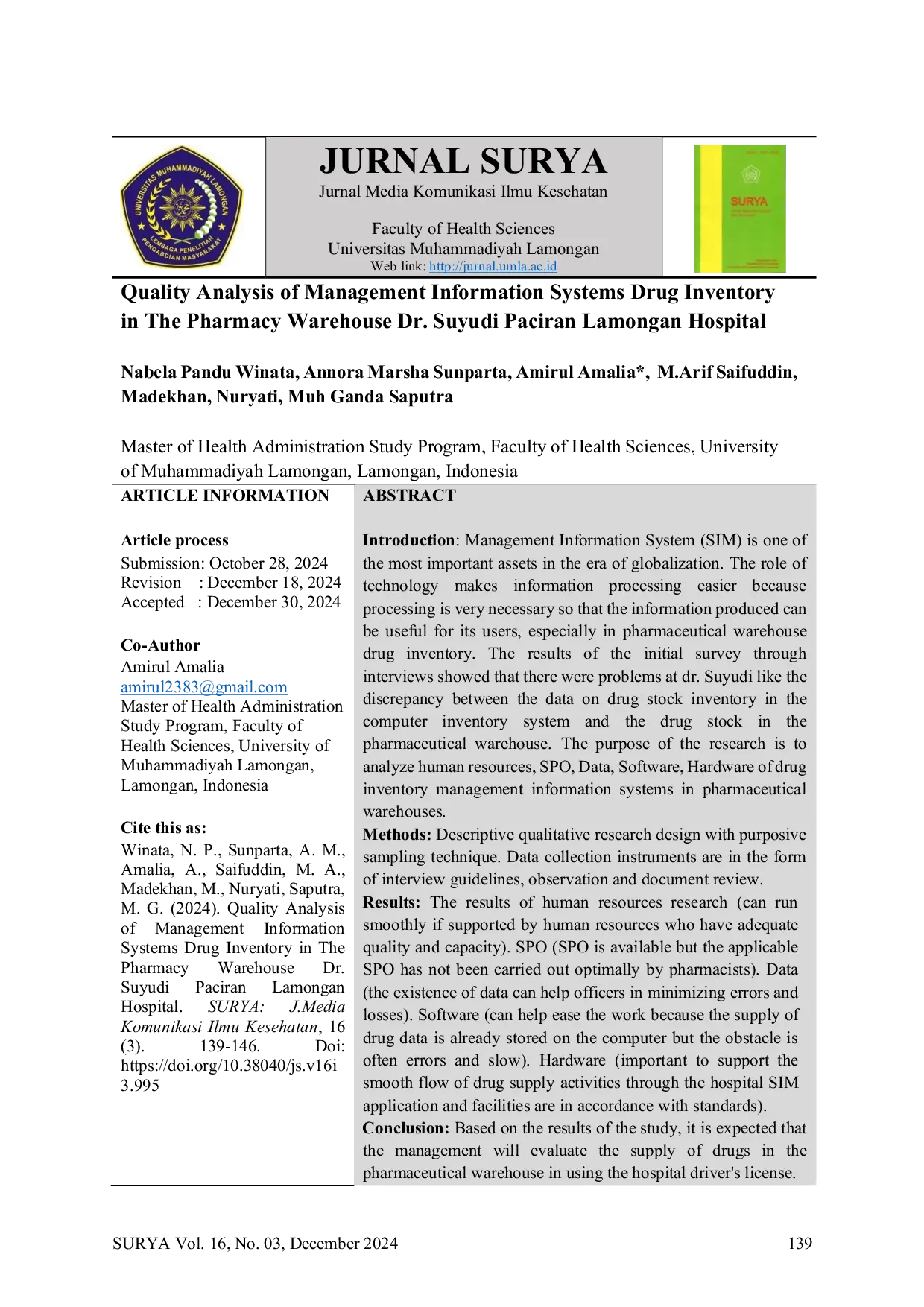 JURIS Quality Analysis of Management Information Systems Drug Inventory in The Pharmacy Warehouse Dr Suyudi Paciran Lamongan Hospital