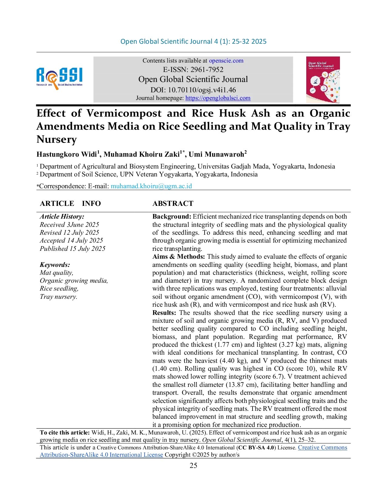 JURIS Effect of Vermicompost and Rice Husk Ash as an Organic Growing Media on Rice Seedling and Mat Quality in Tray Nursery
