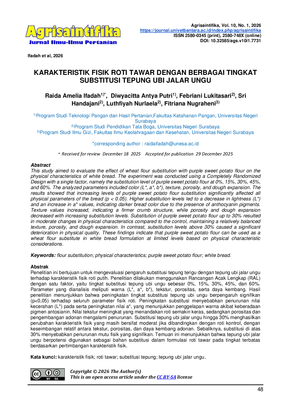 JURIS KARAKTERISTIK FISIK ROTI TAWAR DENGAN BERBAGAI TINGKAT SUBSTITUSI TEPUNG UBI JALAR UNGU
