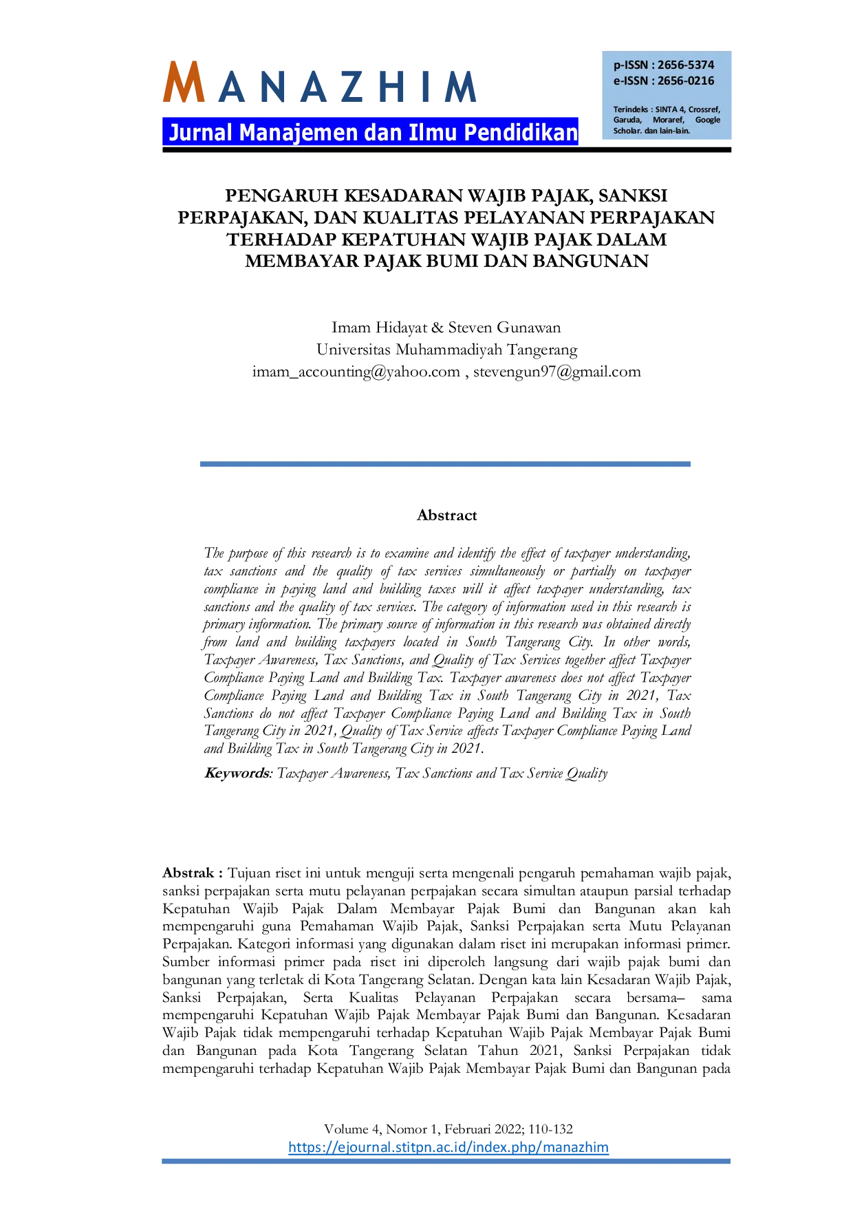 JURIS Pengaruh Kesadaran Wajib Pajak Sanksi Perpajakan dan Kualitas Pelayanan Perpajakan Terhadap Kepatuhan Wajib Pajak dalam Membayar Pajak Bumi dan Bangunan