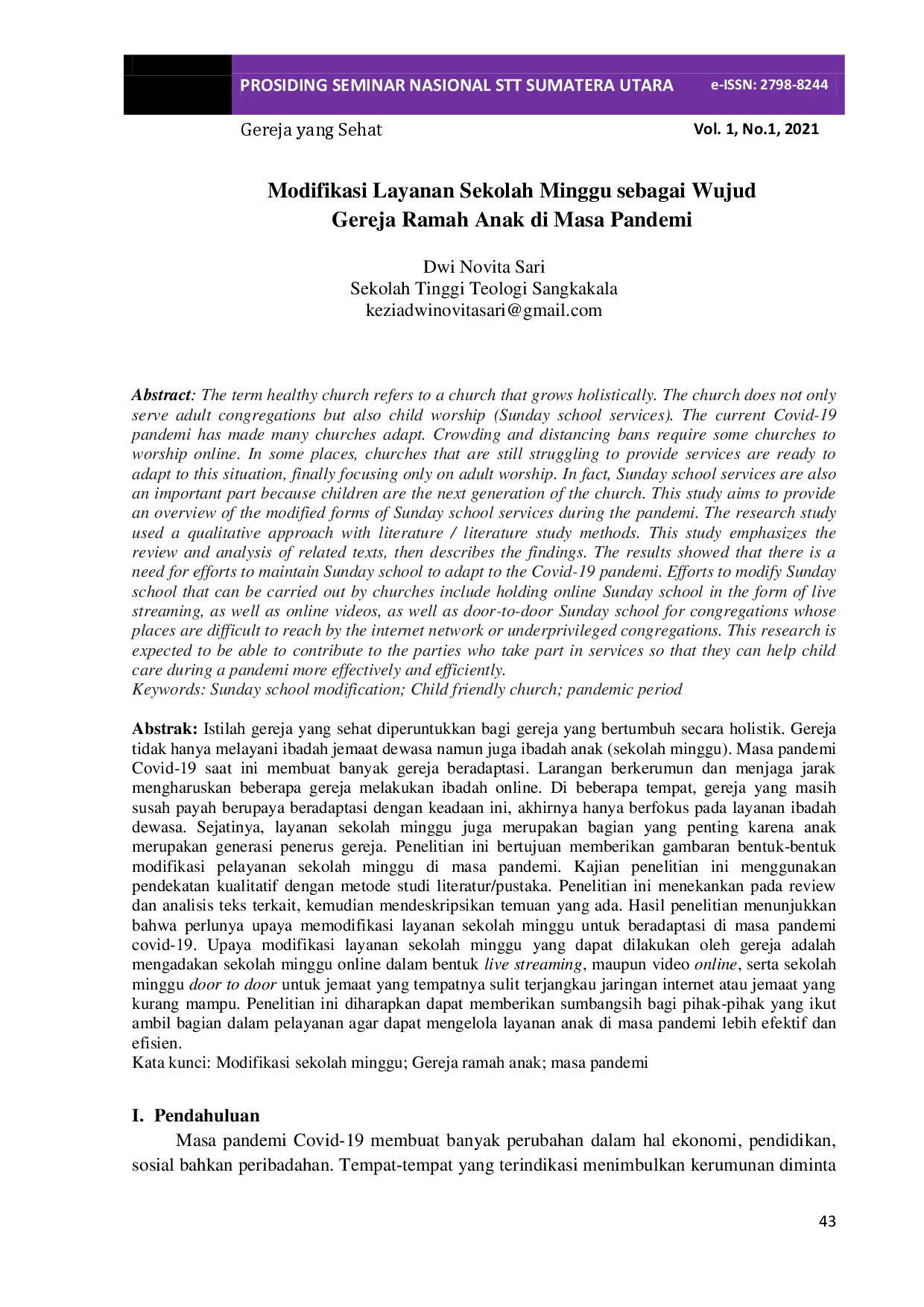 juris Modifikasi Layanan Sekolah Minggu sebagai Wujud Gereja Ramah Anak di Masa Pandemi