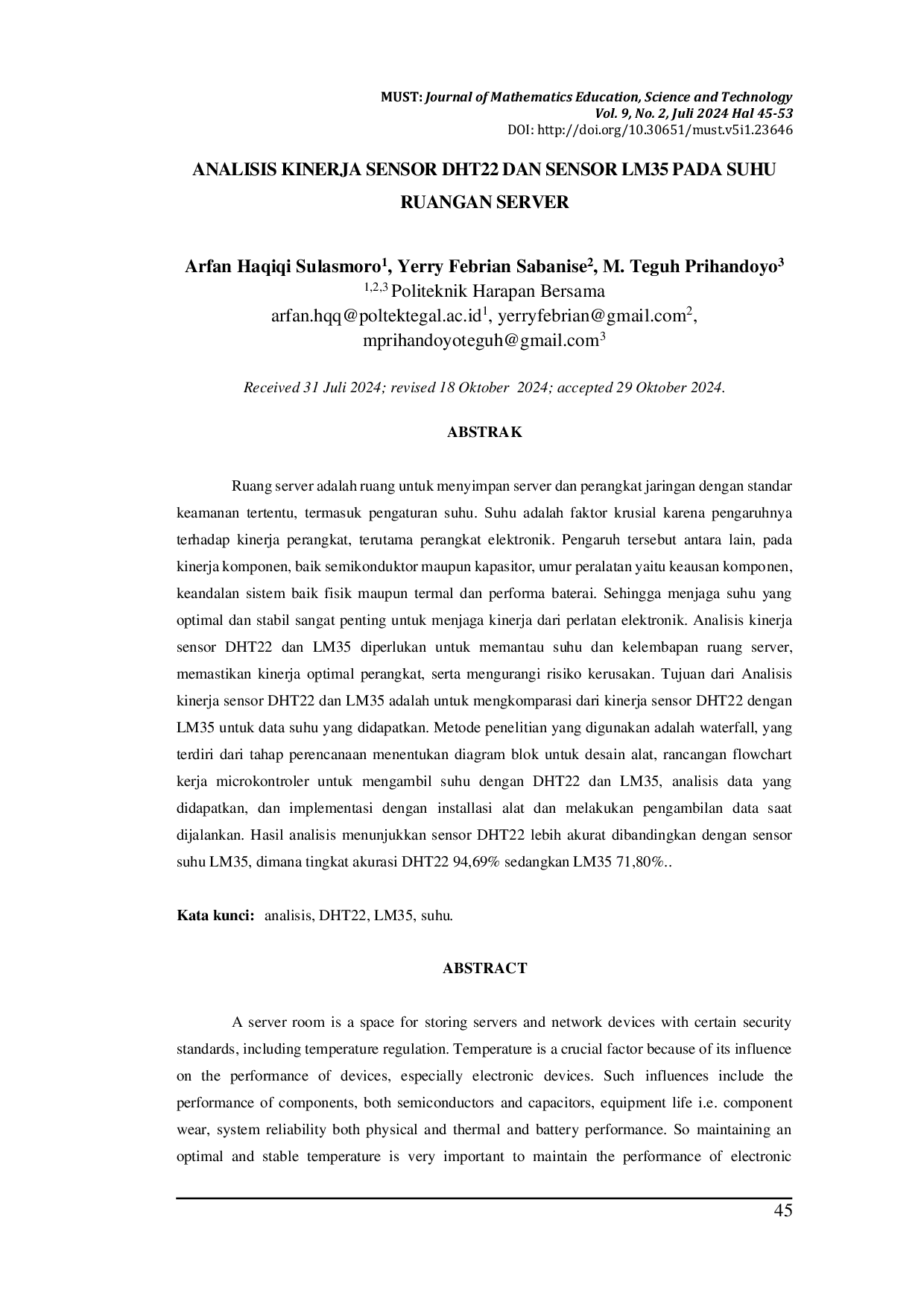 JURIS Analisis Kinerja Sensor DHT22 Dan Sensor LM35 Pada Suhu Ruangan Server