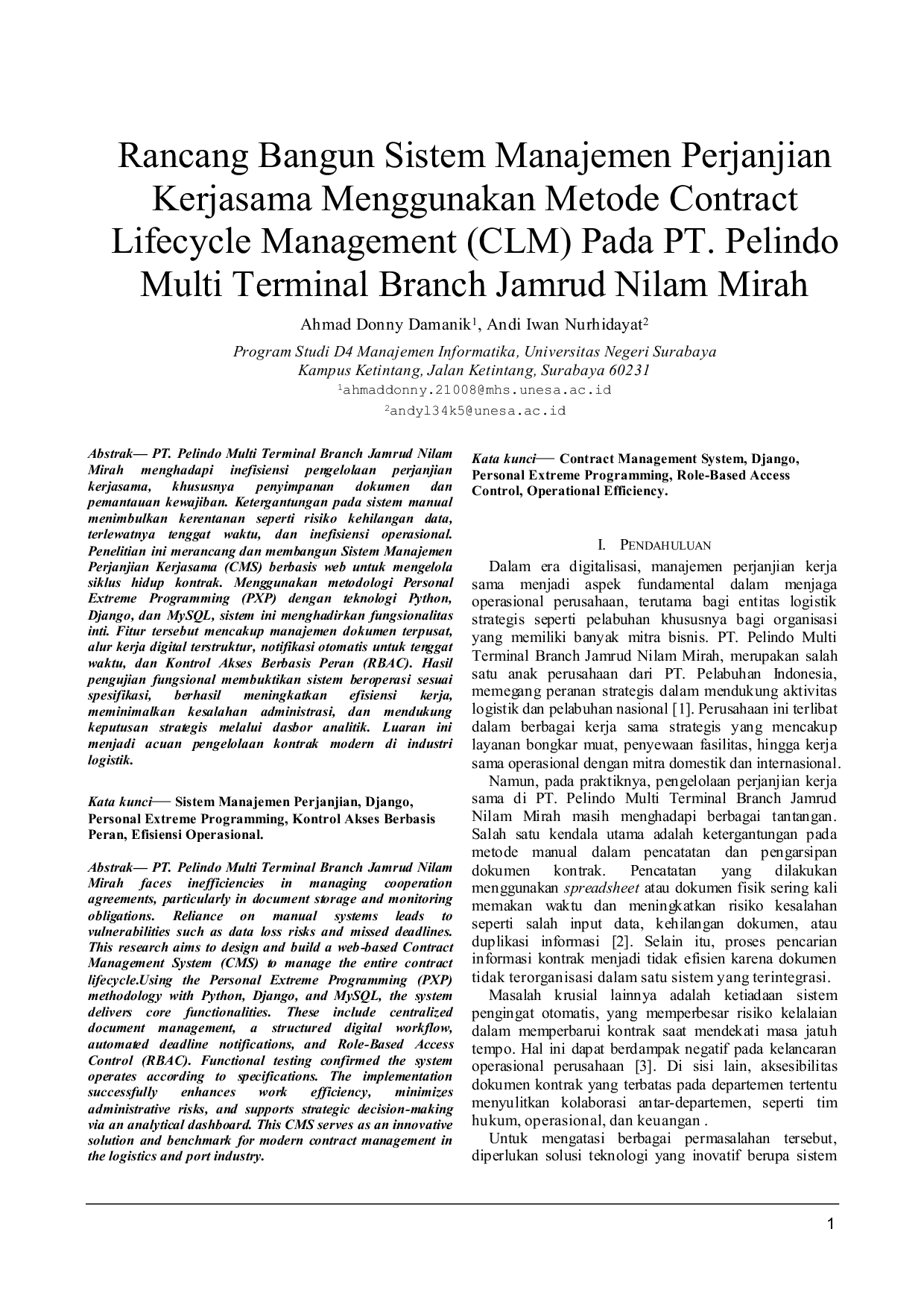 JURIS Rancang Bangun Sistem Manajemen Perjanjian Kerjasama Menggunakan Metode Contract Lifecycle Management CLM Pada PT Pelindo Multi Terminal Branch Jamrud Nilam Mirah