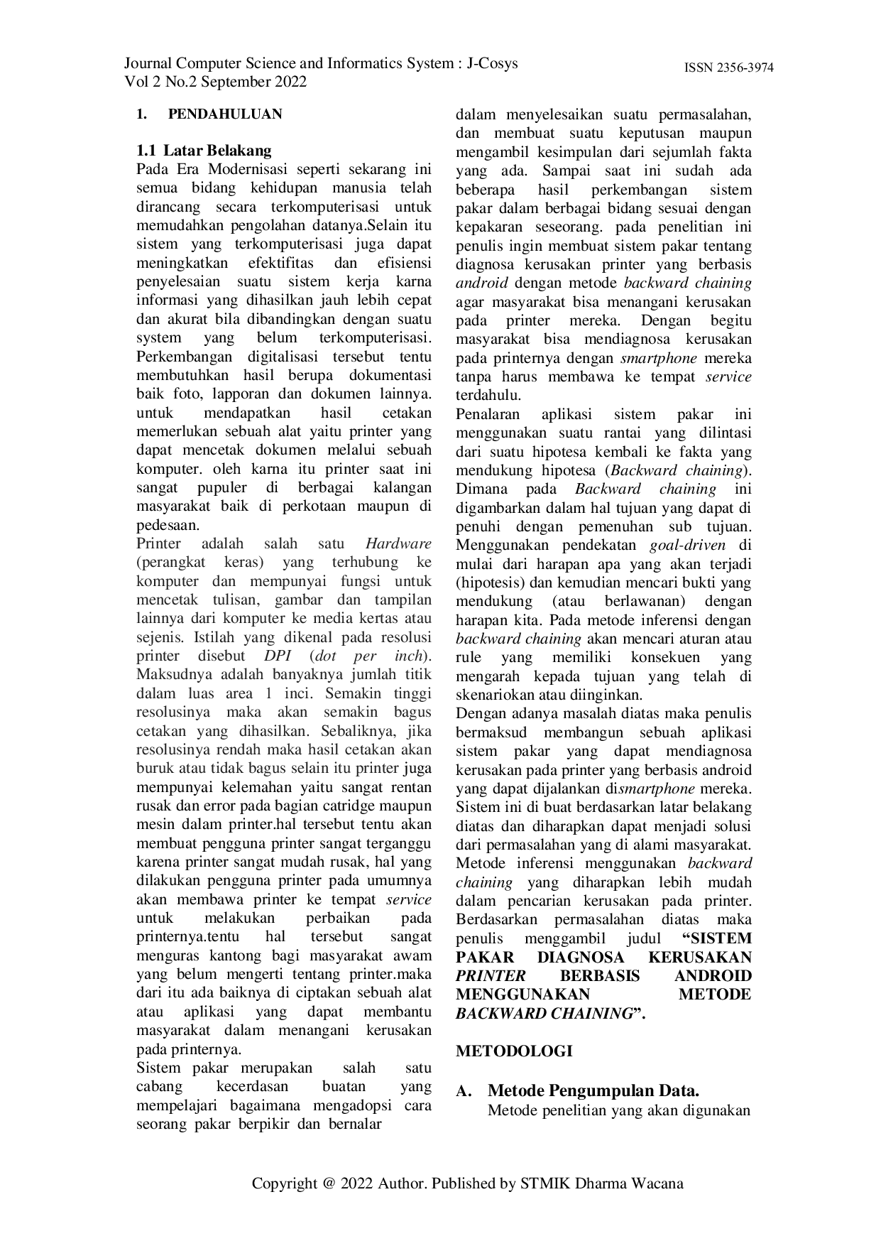 JURIS Sistem Pakar Diagnosa Kerusakan Printer Berbasis Android Menggunakan Metode Backward Chaining