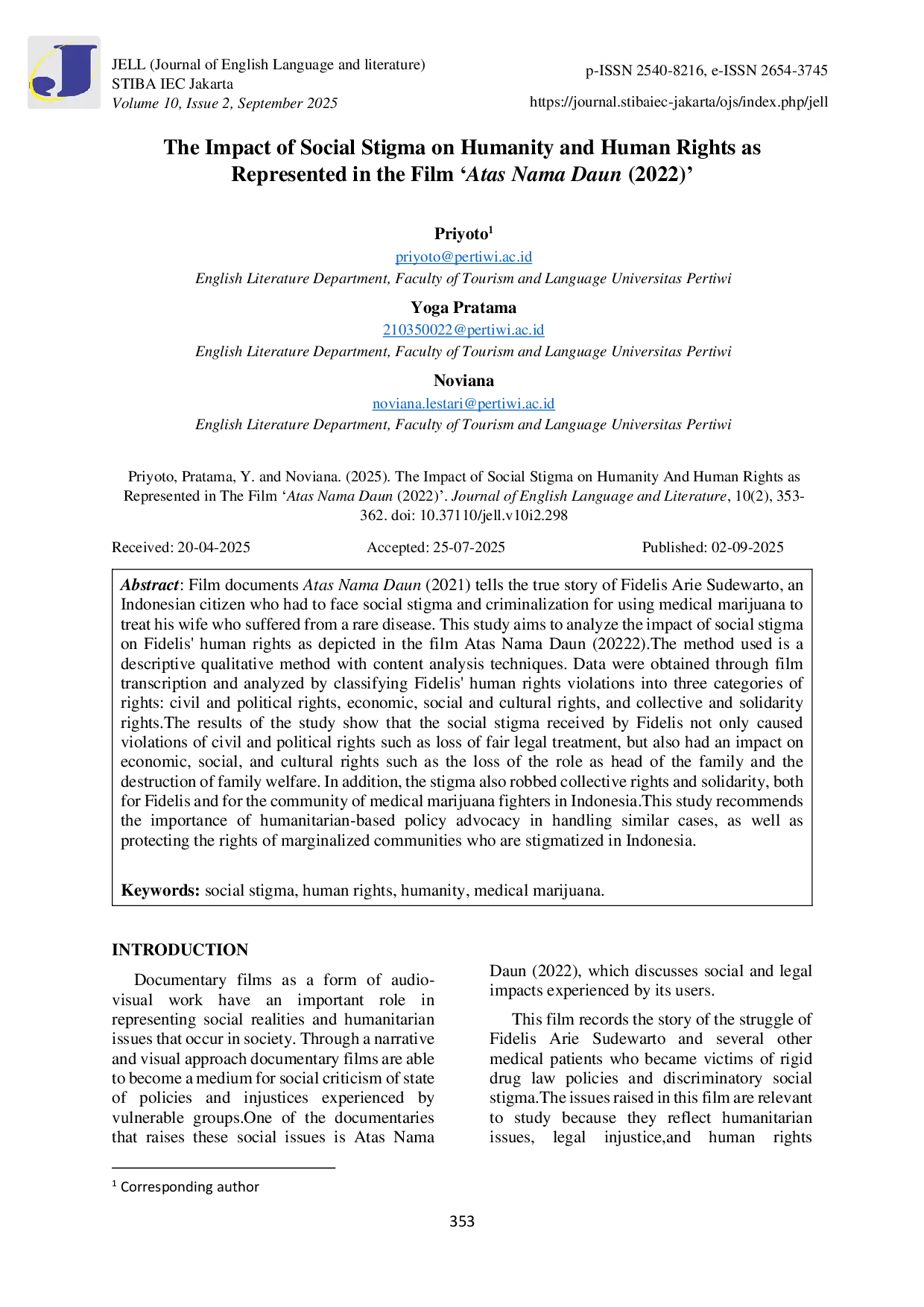 JURIS The Impact Of Social Stigma On Humanity And Human Rights As Represented In The Film Atas Nama Daun 2022
