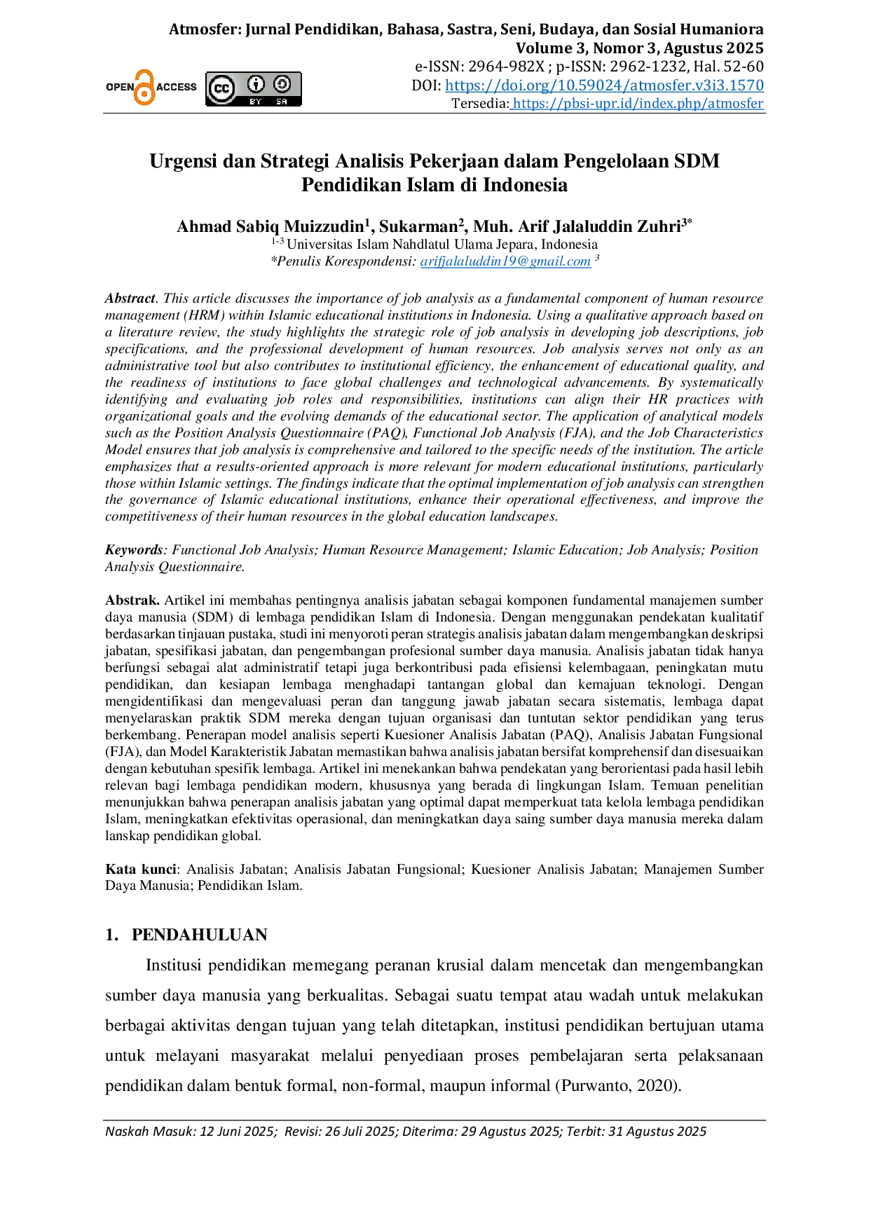 JURIS Urgensi Dan Strategi Analisis Pekerjaan Dalam Pengelolaan Sdm Pendidikan Islam Di Indonesia