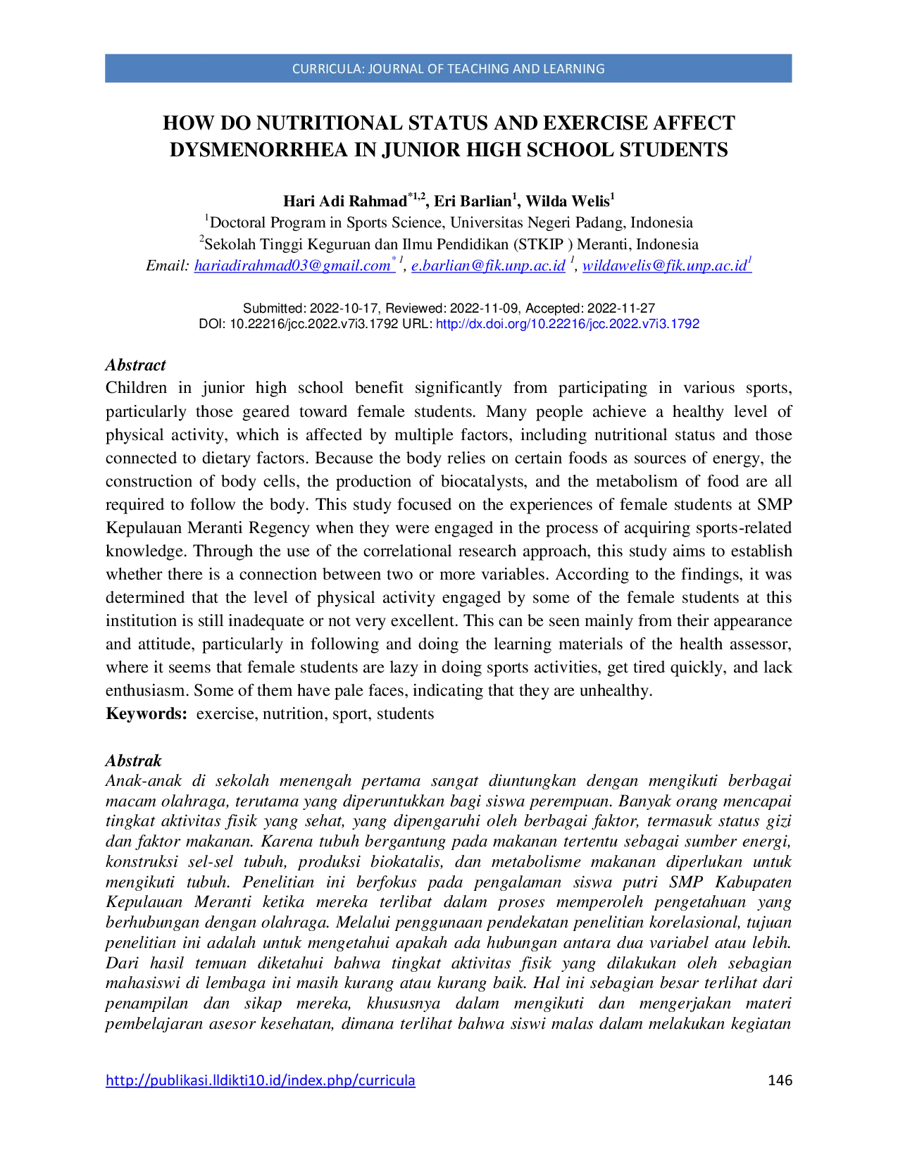 JURIS How Do Nutritional Status and Exercise Affect Dysmenorrhea in Junior High School Students