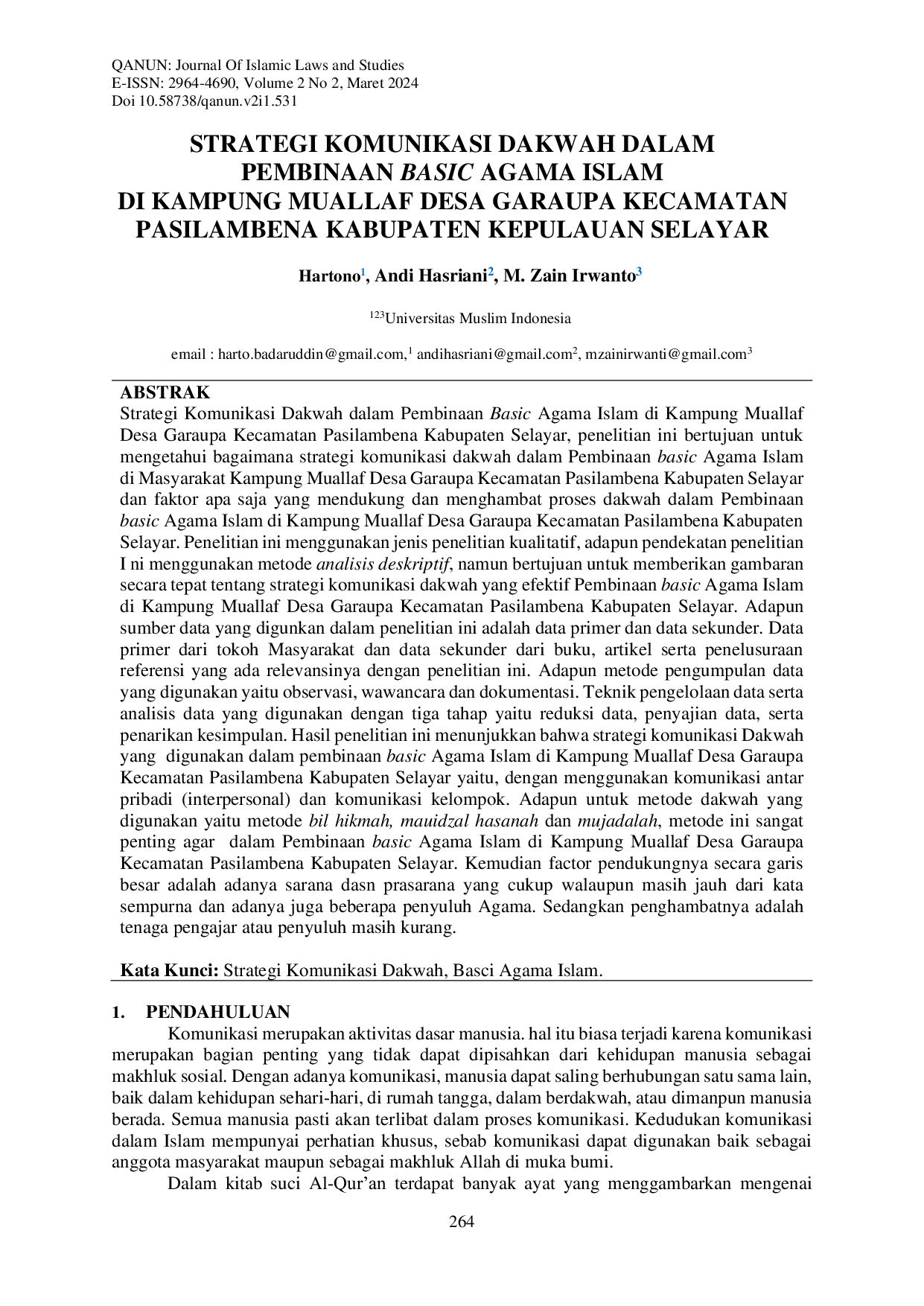 JURIS Strategi Komunikasi Dakwah Dalam Pembinaan Basic Agama Islam Di Kampung Muallaf Desa Garaupa Kecamatan Pasilambena Kabupaten Kepulauan Selayar
