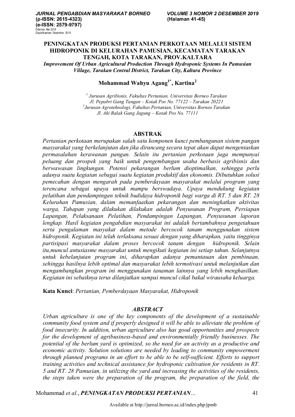 JURIS Peningkatan Produksi Pertanian Perkotaan Melalui Sistem Hidroponik Di Kelurahan Pamusian Kecamatan Tarakan Tengah Kota Tarakan Prov Kaltara