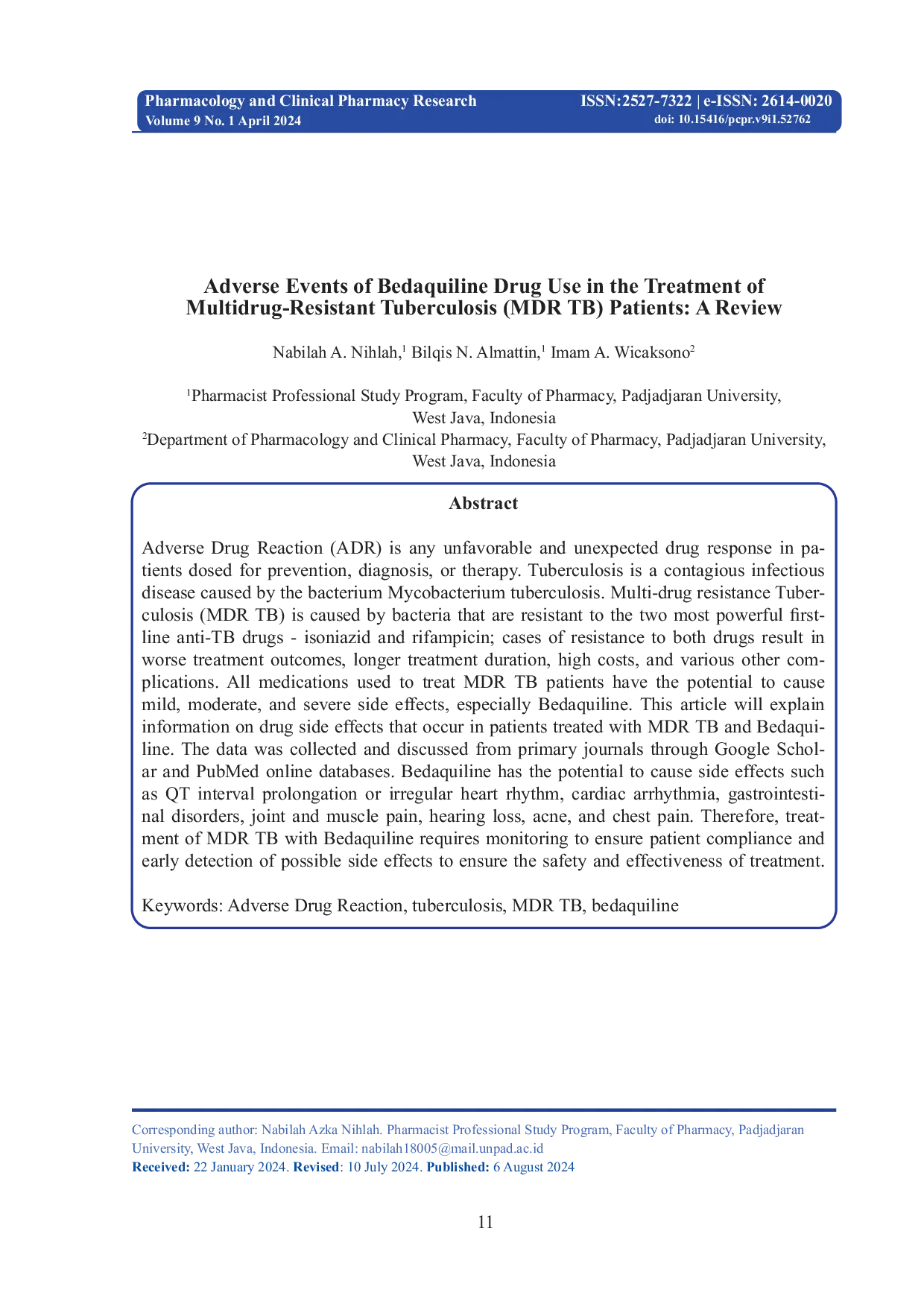 JURIS Adverse Events of Bedaquiline Drug Use in the Treatment of Multidrug Resistant Tuberculosis MDR TB Patients A Review Artcile