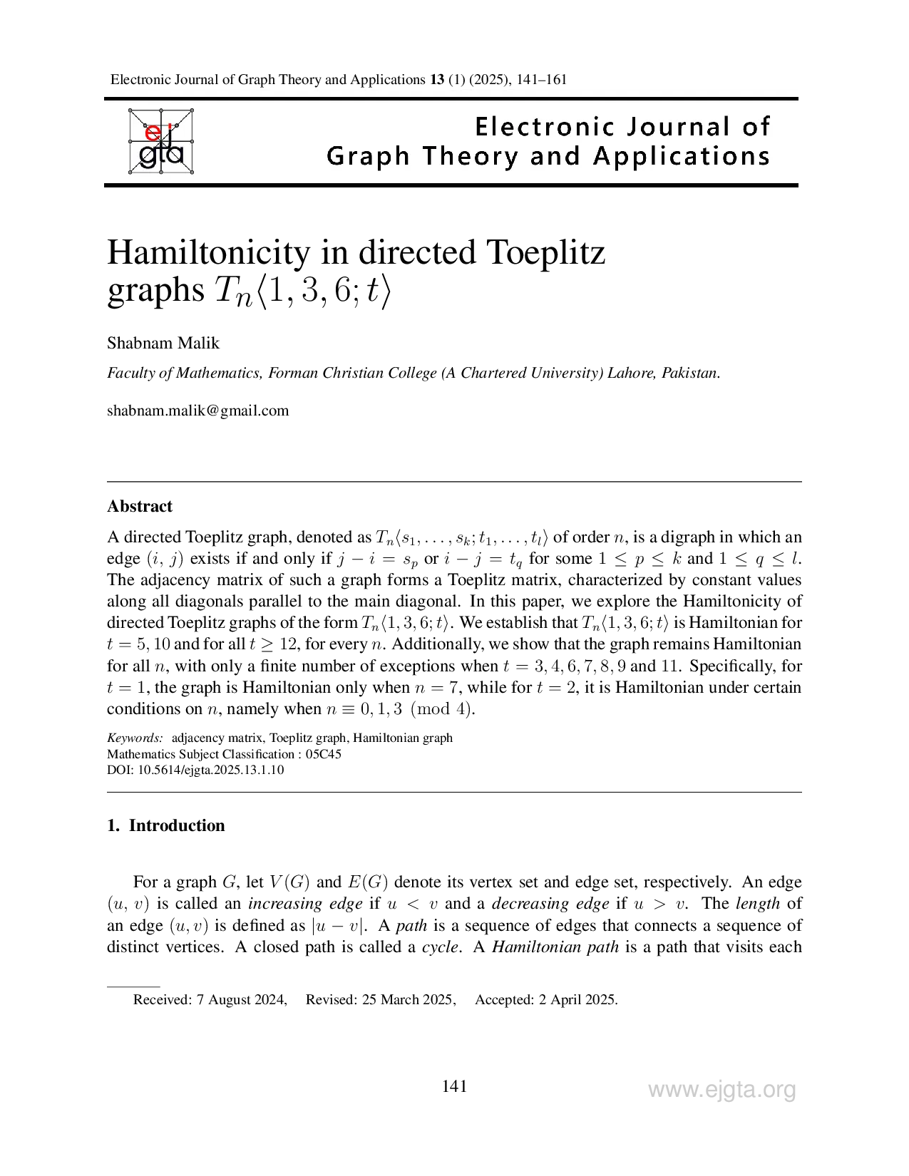 juris Hamiltonicity in directed Toeplitz graphs Tn1 AI3 AI6 AIt