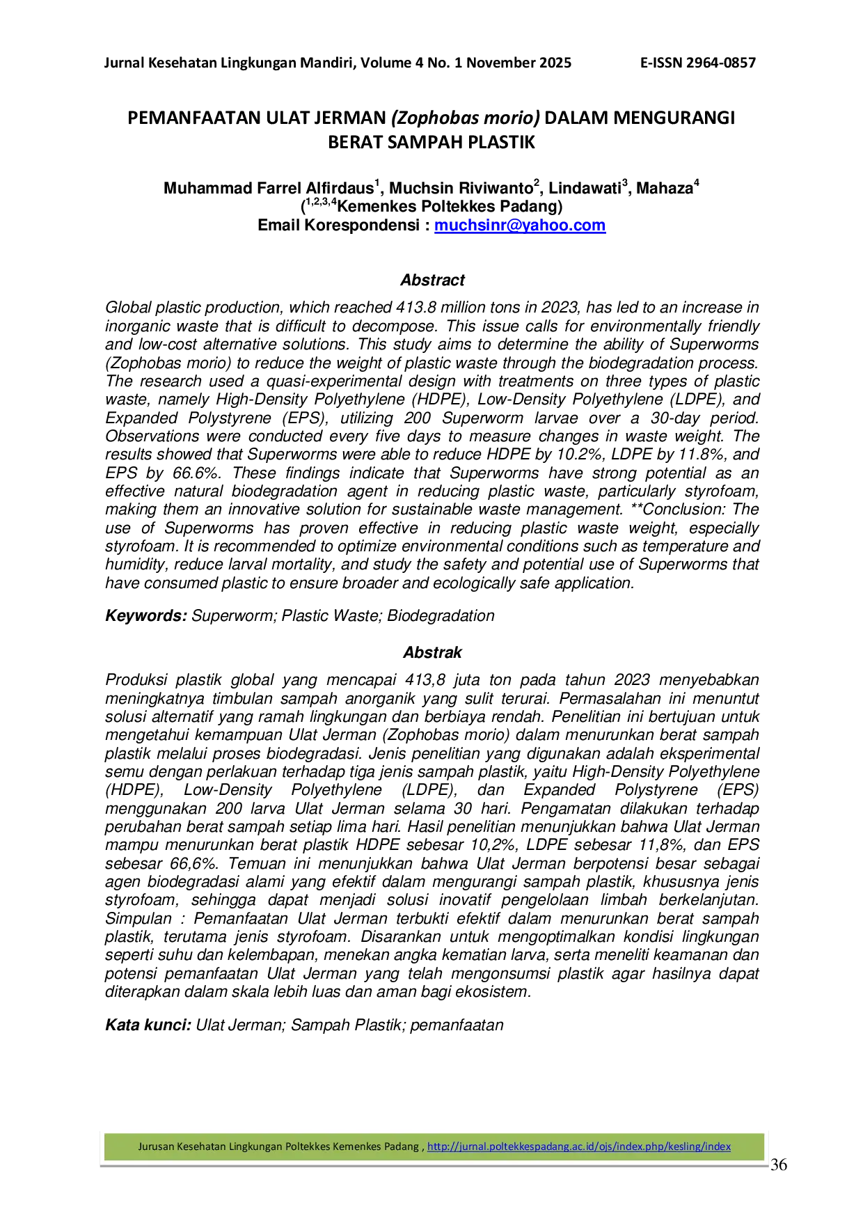 JURIS Pemanfaatan Ulat Jerman Zophobas Morio dalam Mengurangi Berat Sampah Plastik