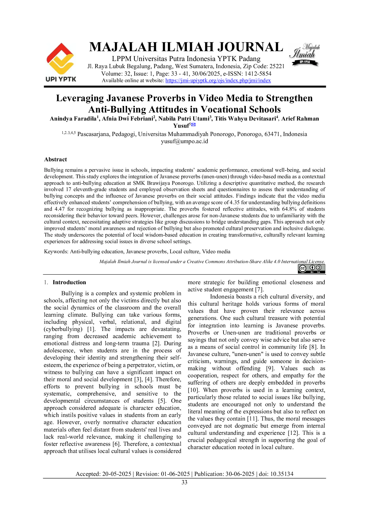 JURIS Leveraging Javanese Proverbs in Video Media to Strengthen Anti Bullying Attitudes in Vocational Schools