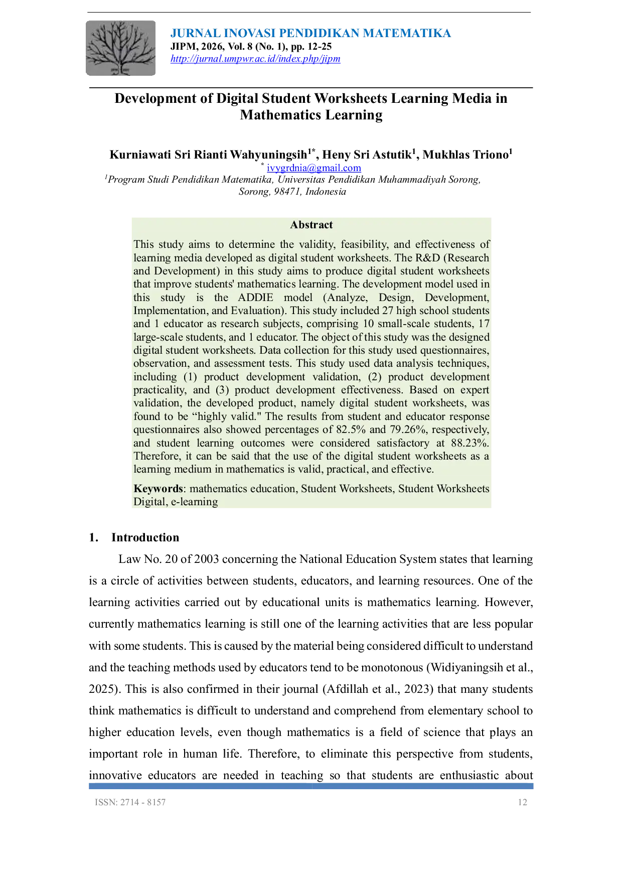 JURIS Development of Digital Student Worksheets Learning Media in Mathematics Learning