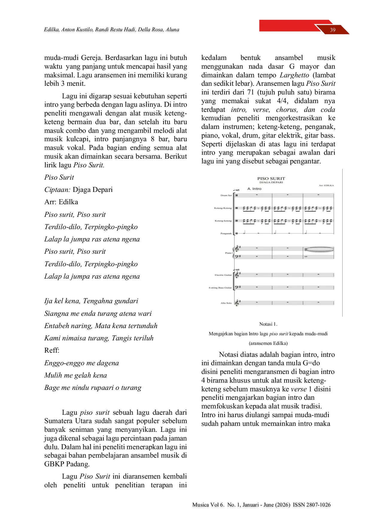 JURIS Pembelajaran Lagu Piso Surit Bentuk Ansambel Campuran Di Gereja Batak Karo Protestan Padang