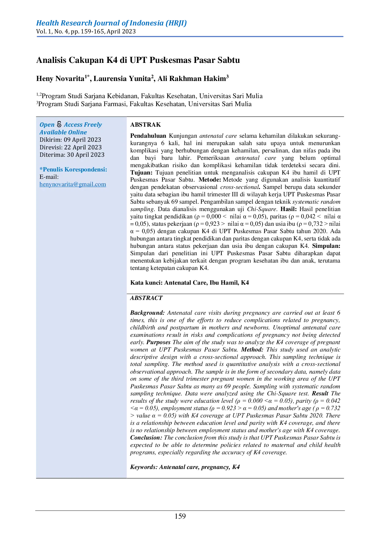 JURIS Analisis Cakupan K4 Di UPT Puskesmas Pasar Sabtu