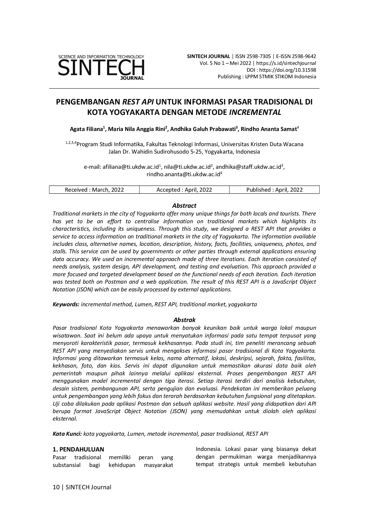 JURIS PENGEMBANGAN REST API UNTUK INFORMASI PASAR TRADISIONAL DI KOTA YOGYAKARTA DENGAN METODE INCREMENTAL