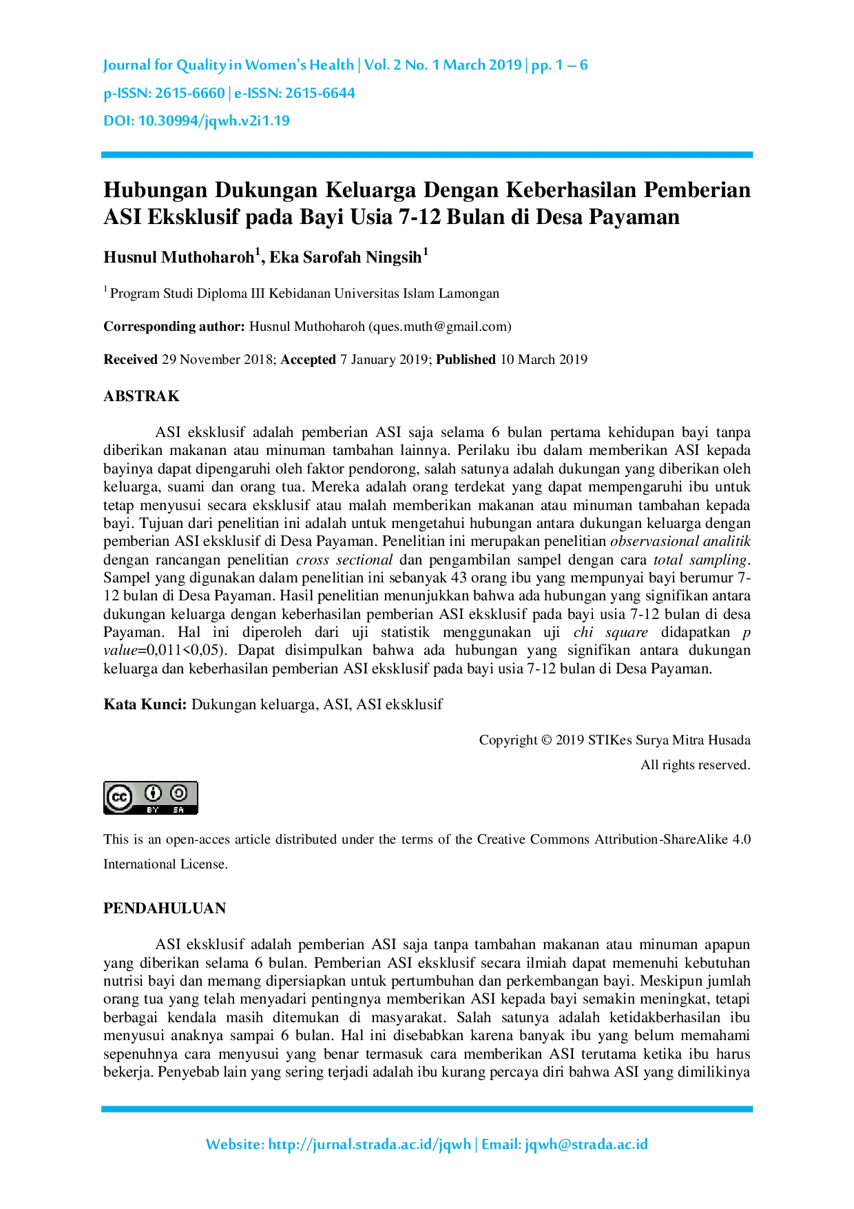 JURIS Hubungan Dukungan Keluarga Dengan Keberhasilan Pemberian ASI Eksklusif pada Bayi Usia 7 12 Bulan di Desa Payaman