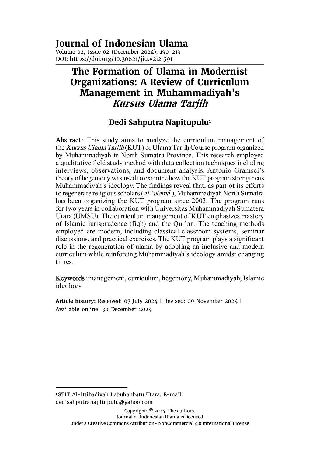 JURIS The Formation of Ulama in Modernist Organizations A Review of Curriculum Management in Muhammadiyah s Kursus Ulama Tarjih