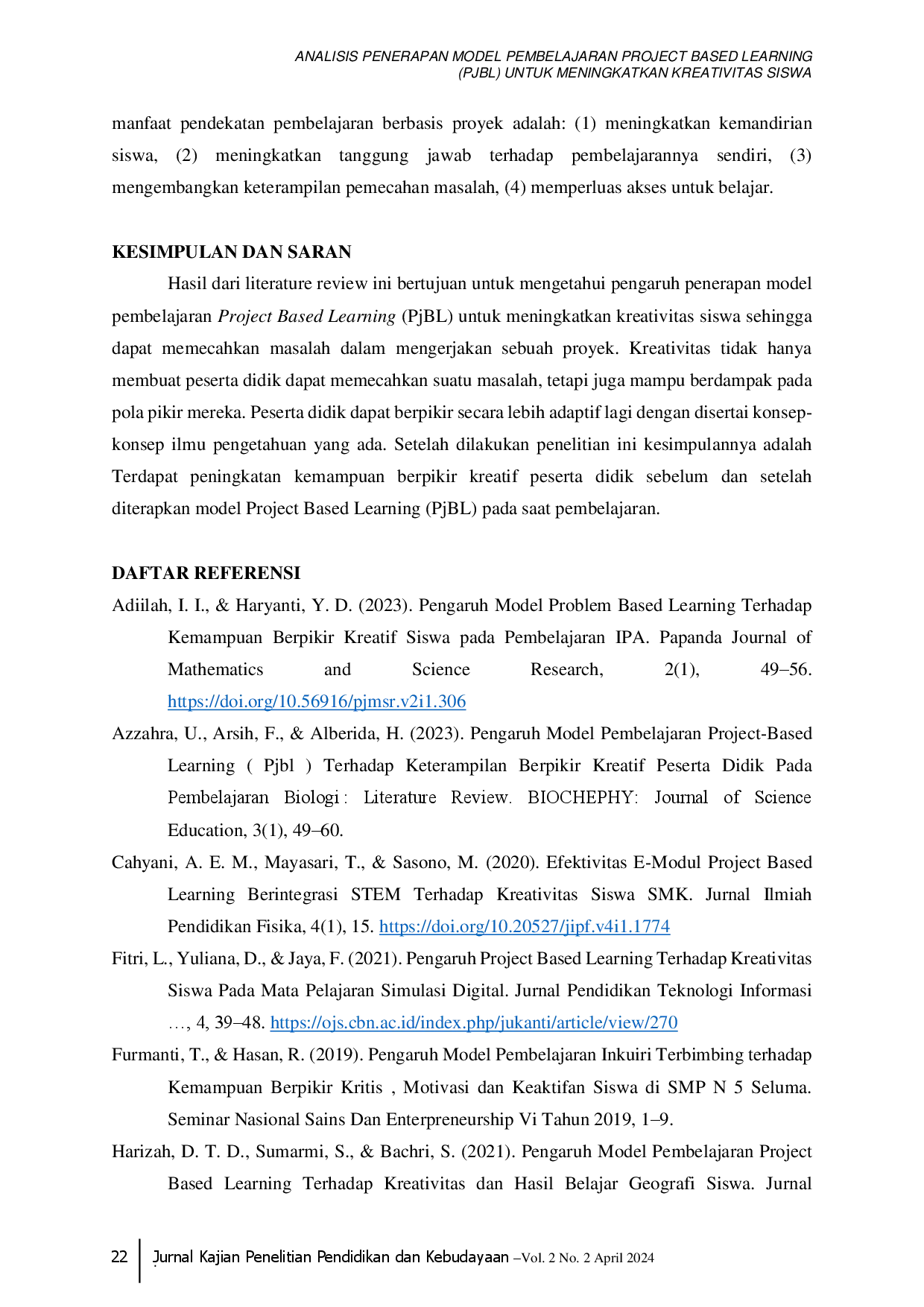 juris Analisis Penerapan Model Pembelajaran Project Based Learning PJBL Untuk Meningkatkan Kreativitas Siswa