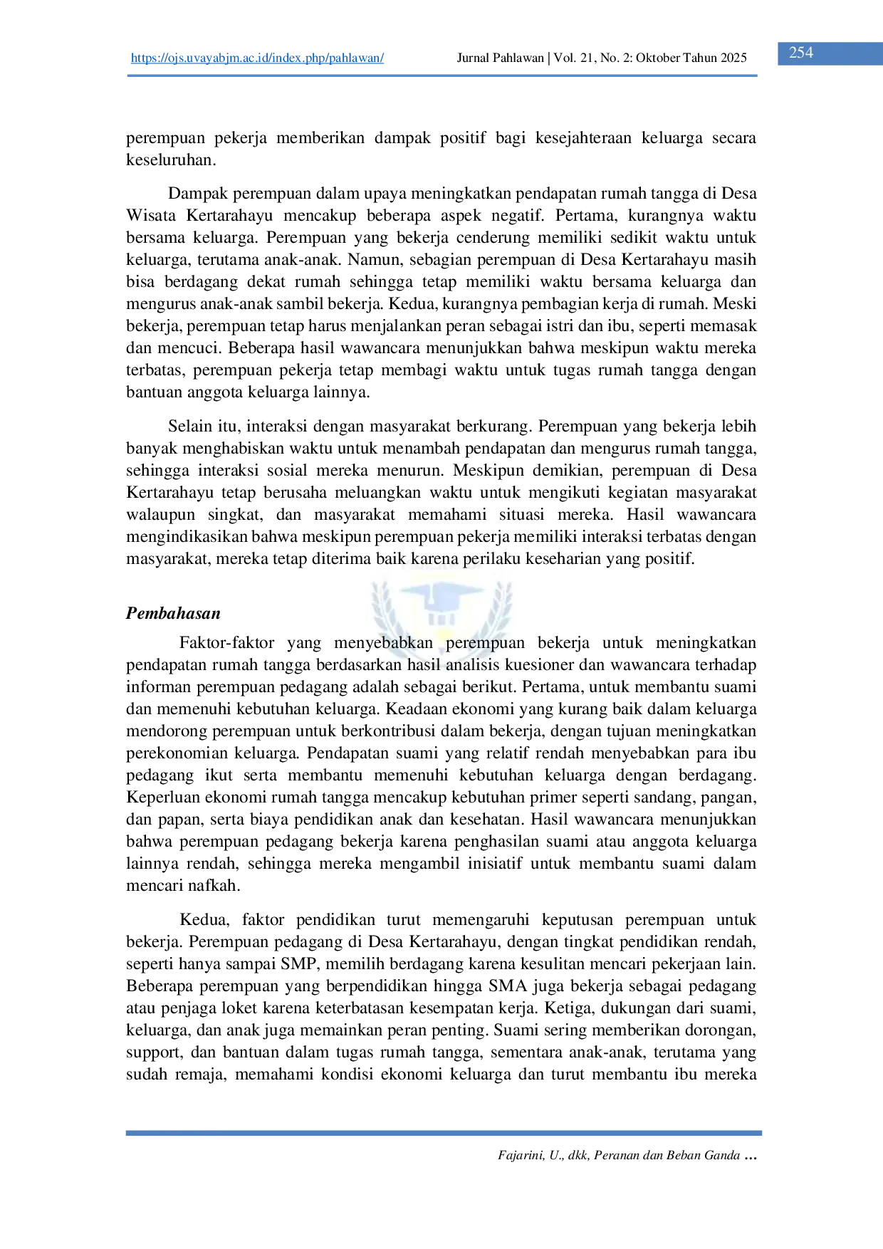 JURIS Peranan dan Beban Ganda Perempuan dalam Meningkatkan Pendapatan Keluarga Studi Kasus di Desa Wisata Kertarahayu