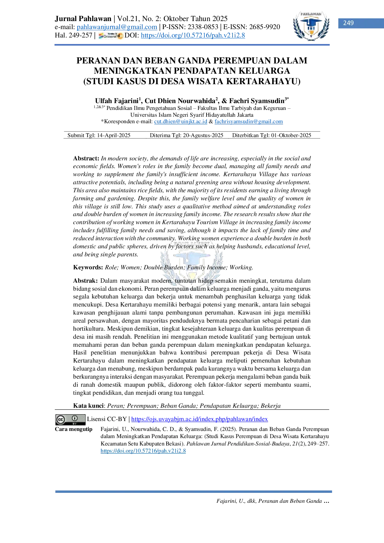 JURIS Peranan dan Beban Ganda Perempuan dalam Meningkatkan Pendapatan Keluarga Studi Kasus di Desa Wisata Kertarahayu