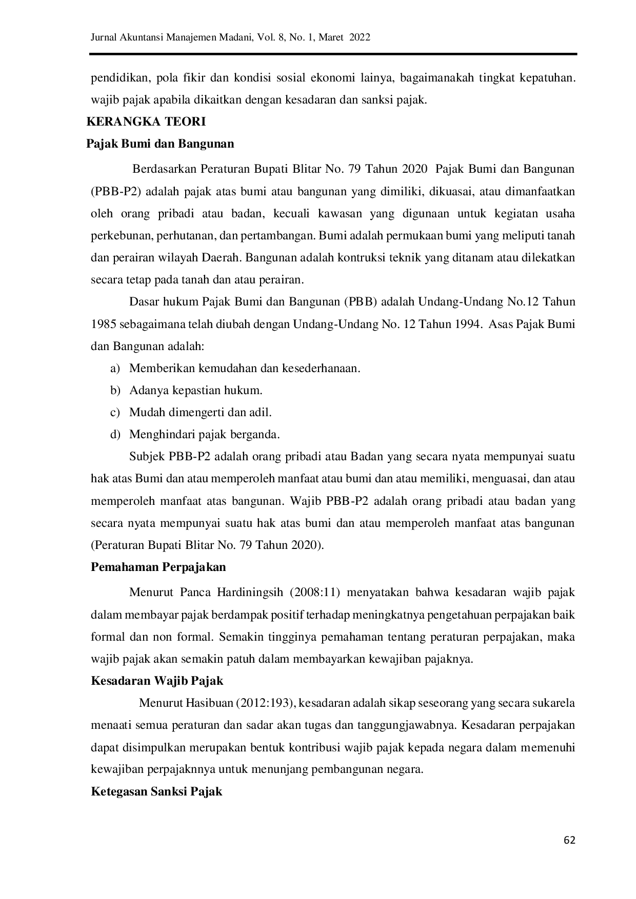 JURIS Pengaruh Pemahaman Kesadaran Wajib Pajak Dan Ketegasan Sanksi Pajak Terhadap Kepatuhan Dan Kedisiplinan Wajib Pajak Bumi Dan Bangunan Perdesaan Dan Perkotaan PBB P2 Di Kabupaten Blitar