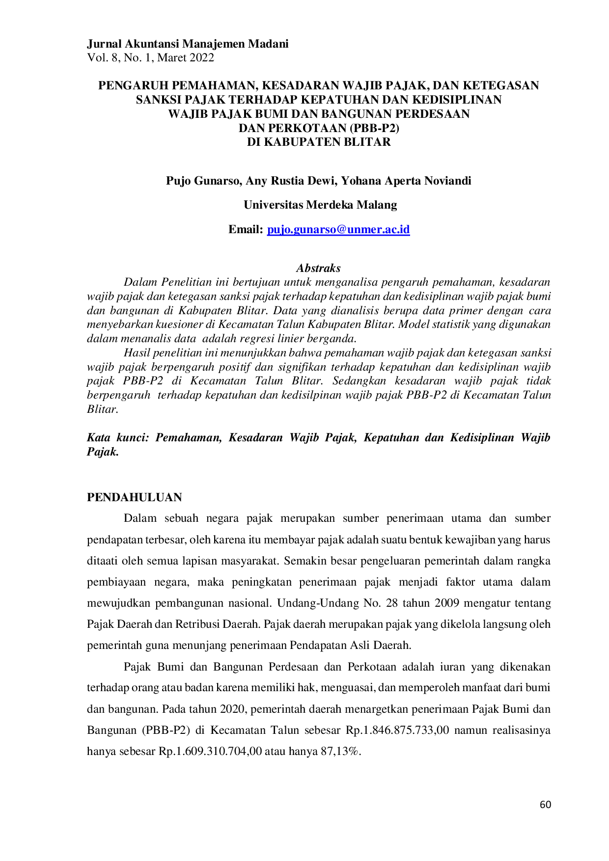 JURIS Pengaruh Pemahaman Kesadaran Wajib Pajak Dan Ketegasan Sanksi Pajak Terhadap Kepatuhan Dan Kedisiplinan Wajib Pajak Bumi Dan Bangunan Perdesaan Dan Perkotaan PBB P2 Di Kabupaten Blitar