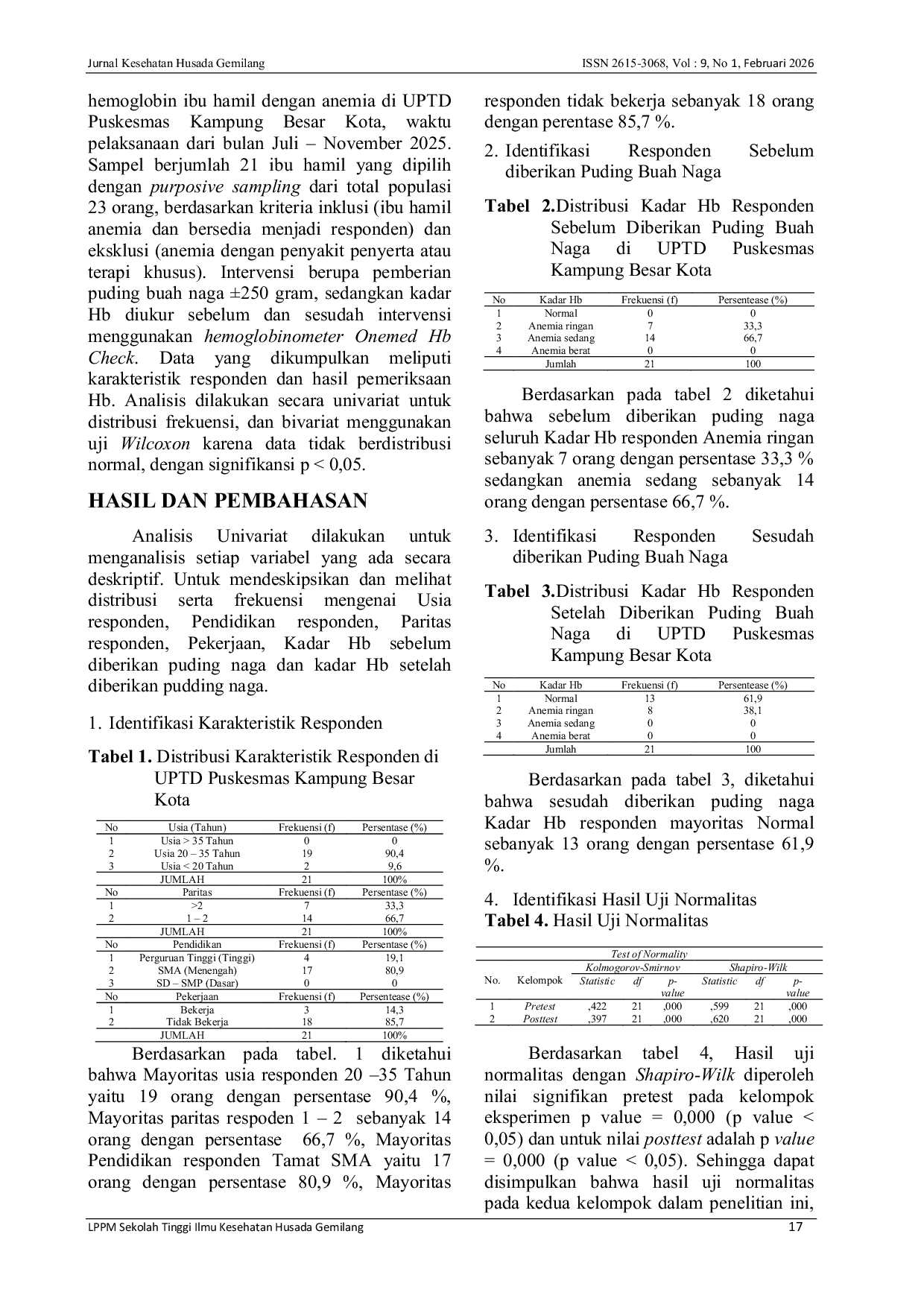 JURIS Pengaruh Konsumsi Puding Buah Naga Terhadap Kadar Hemoglobin Pada Ibu Hamil Dengan Anemia Di Puskesmas Kampung Besar Kota Kabupaten Indragiri Hulu