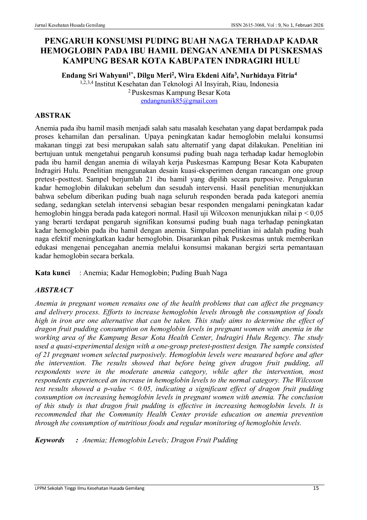 JURIS Pengaruh Konsumsi Puding Buah Naga Terhadap Kadar Hemoglobin Pada Ibu Hamil Dengan Anemia Di Puskesmas Kampung Besar Kota Kabupaten Indragiri Hulu