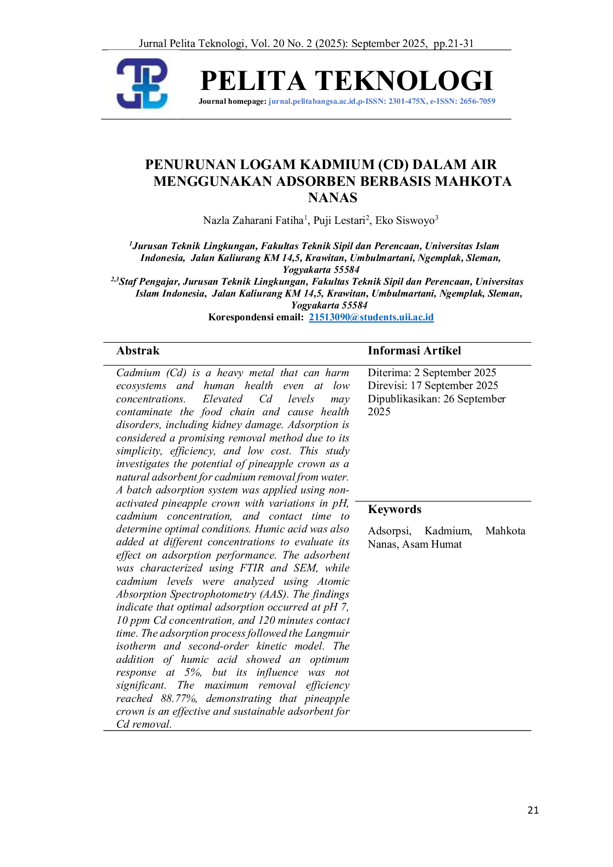 JURIS Penurunan Logam Kadmium Cd dalam Air Menggunakan Adsorben Berbasis Mahkota Nanas