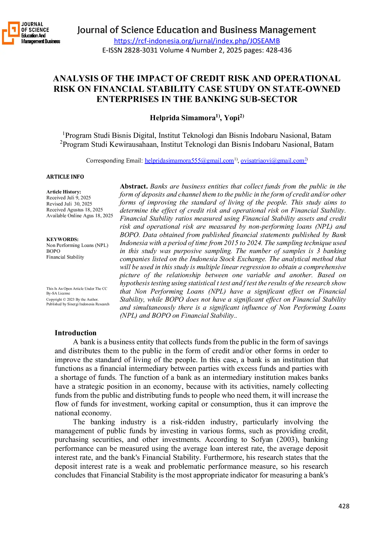 JURIS Analysis Of The Impact Of Credit Risk And Operational Risk On Financial Stability Case Study On State Owned Enterprises In The Banking Sub Sector