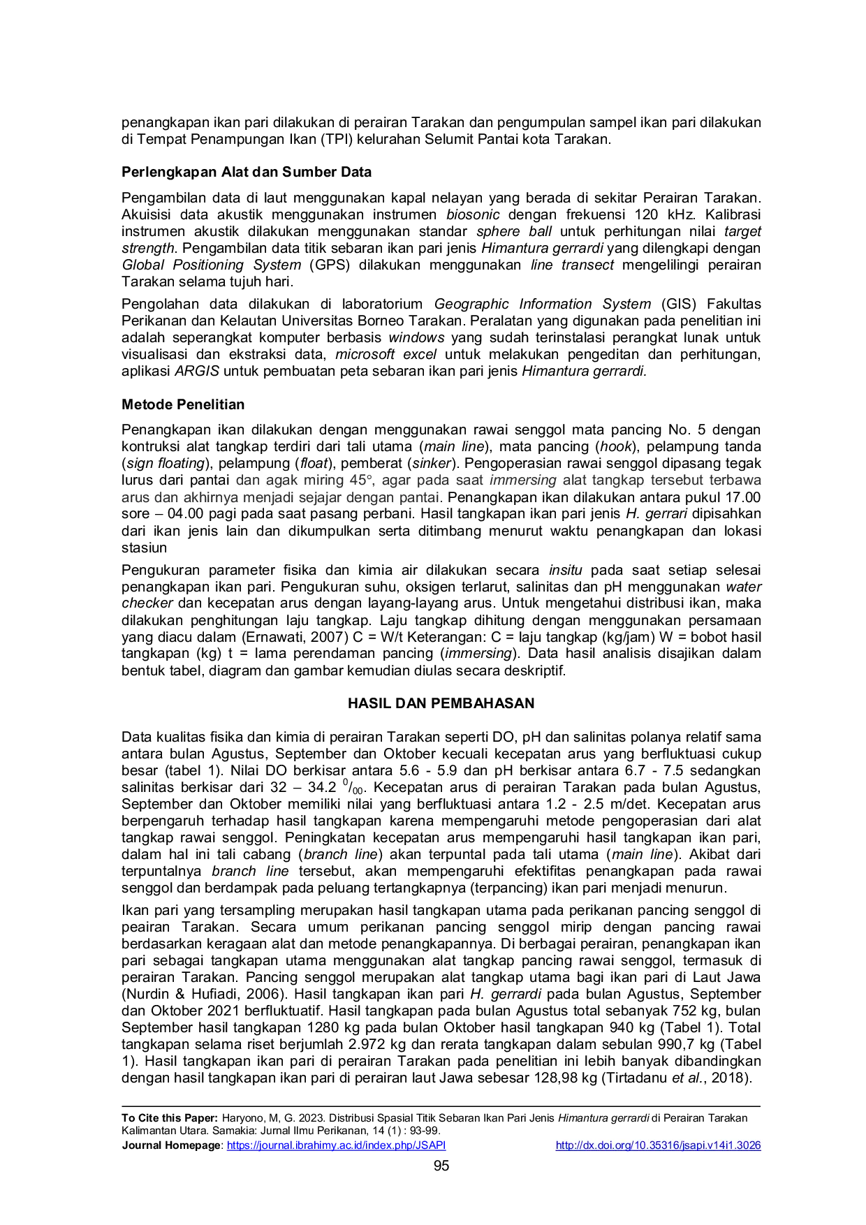 JURIS Distribusi Spasial Titik Sebaran Ikan Pari Jenis Himantura Gerrardi di Perairan Tarakan Kalimantan Utara