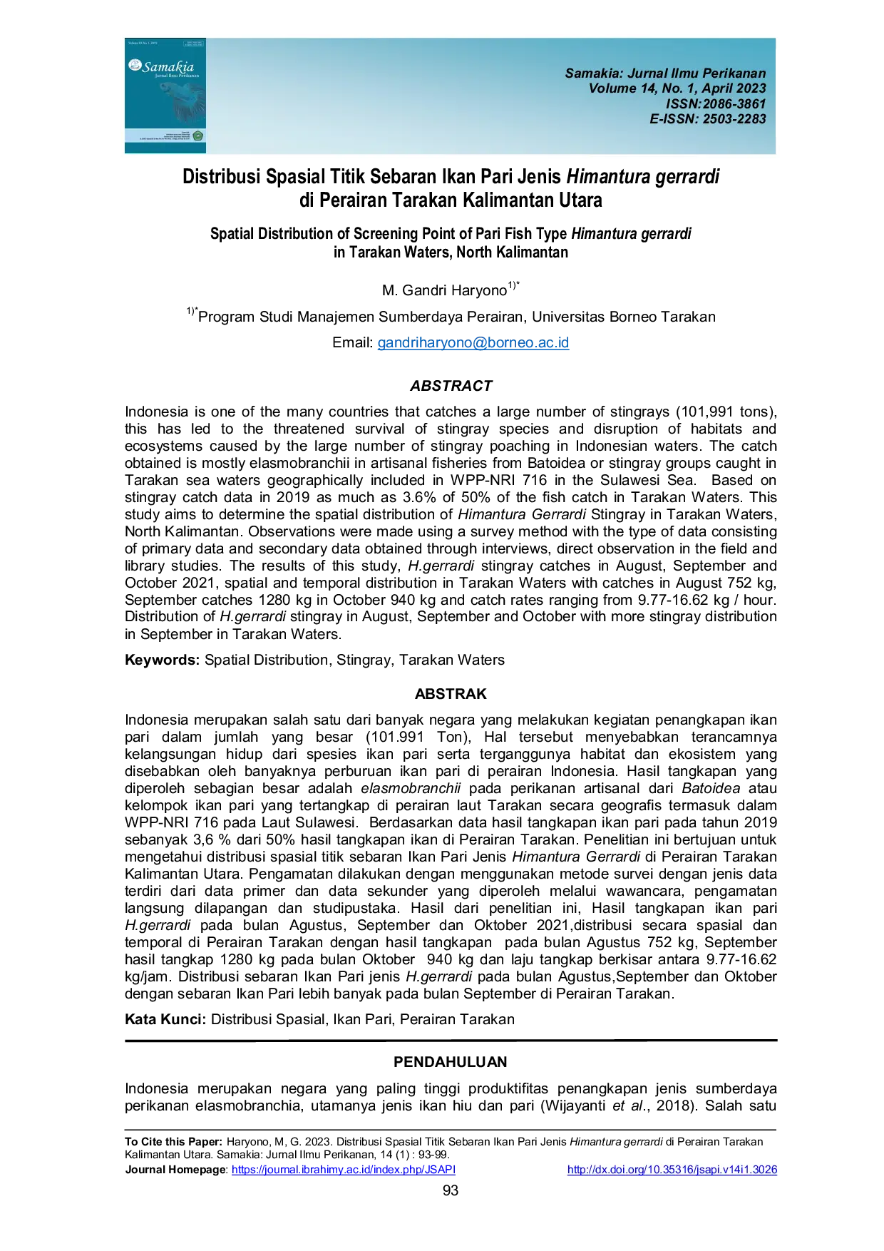 JURIS Distribusi Spasial Titik Sebaran Ikan Pari Jenis Himantura Gerrardi di Perairan Tarakan Kalimantan Utara
