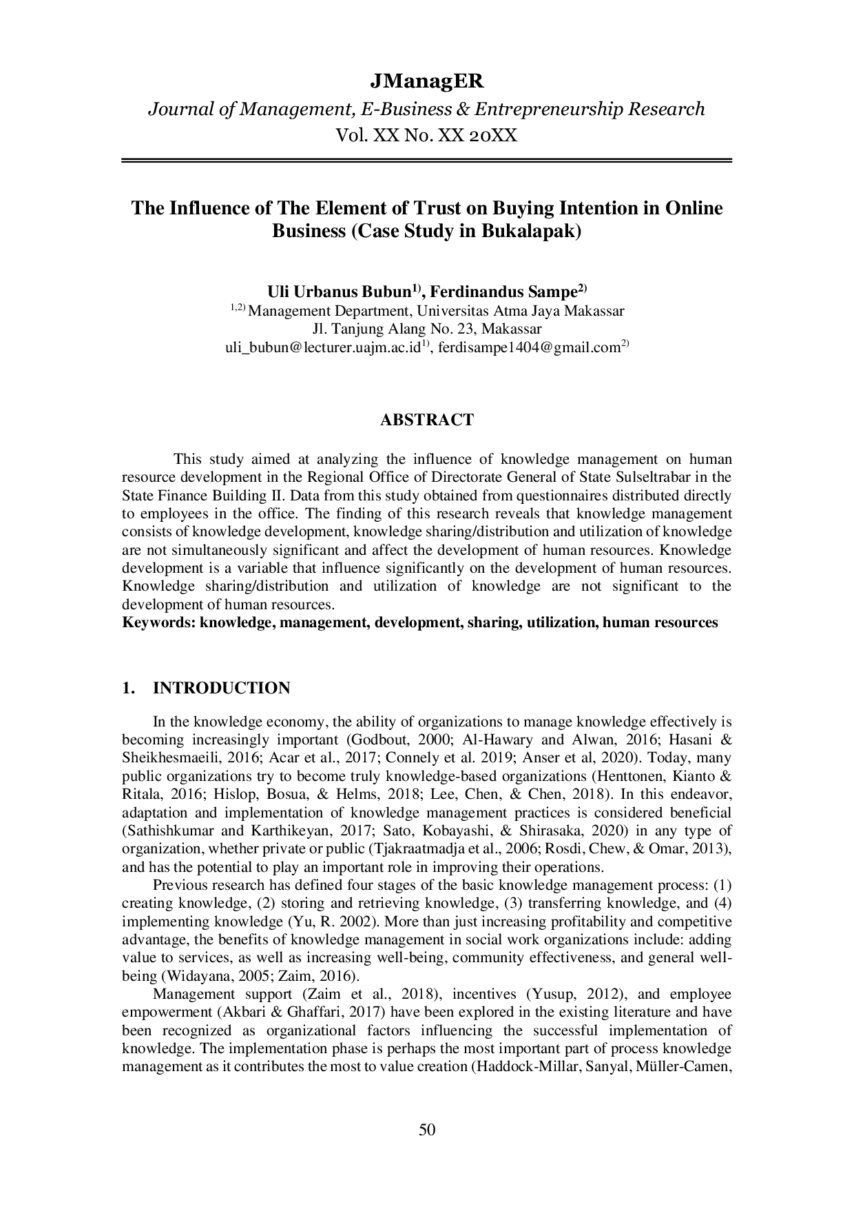 JURIS The Influence of The Element of Trust on Buying Intention in Online Business Case Study in Bukalapak